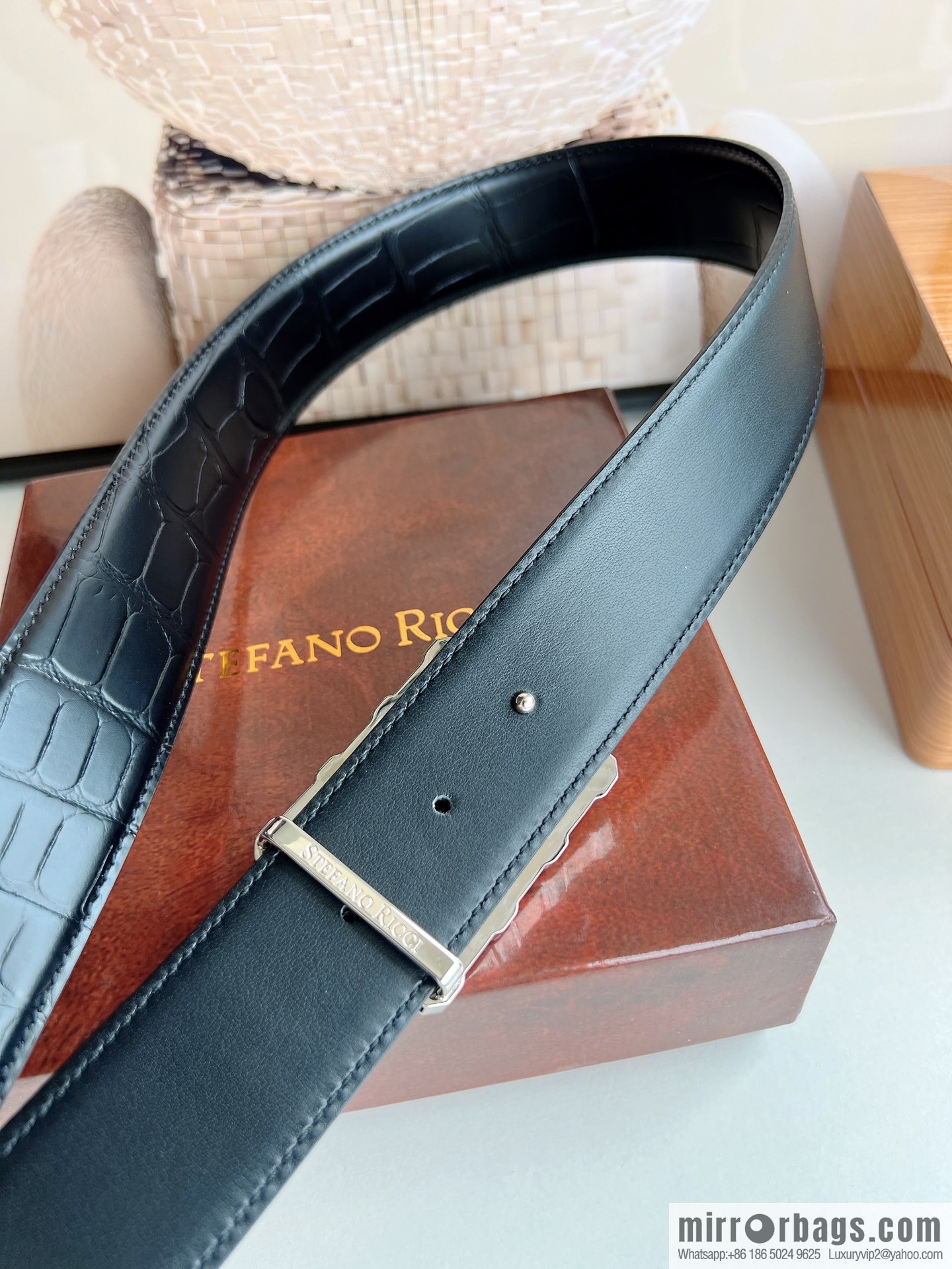 STEFANO RICCI Stephen Raunich counter version stainless steel hollow inner buckle, 3.8cm first layer cowhide imitation crocodile leather belt