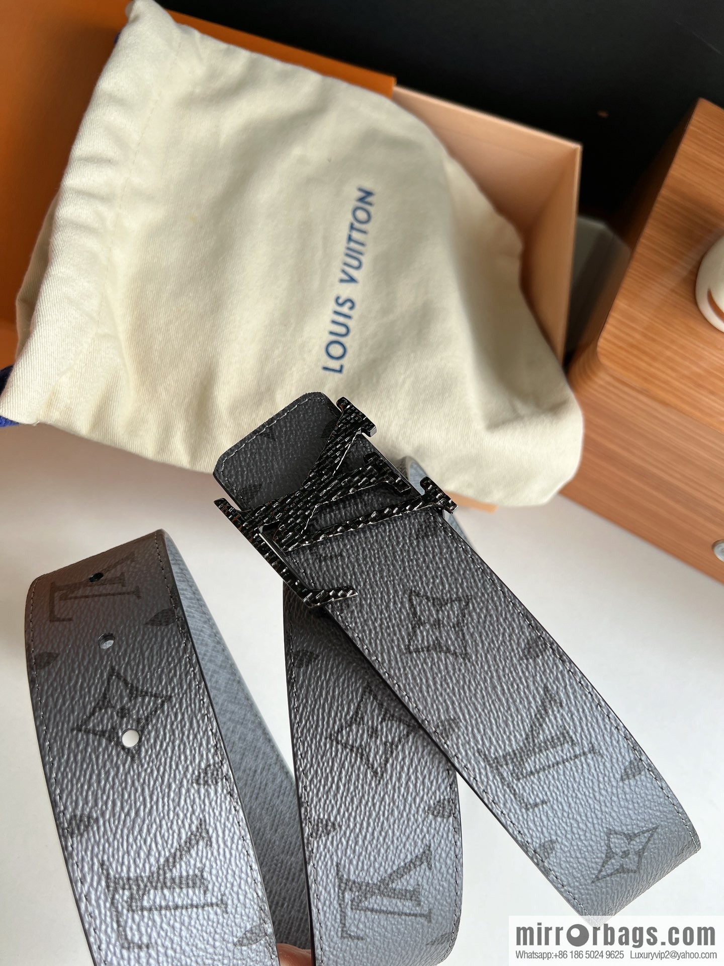 LV/Louis Vuitton Monogram Canvas and Taiga Leather Initiales Double Sided Belt