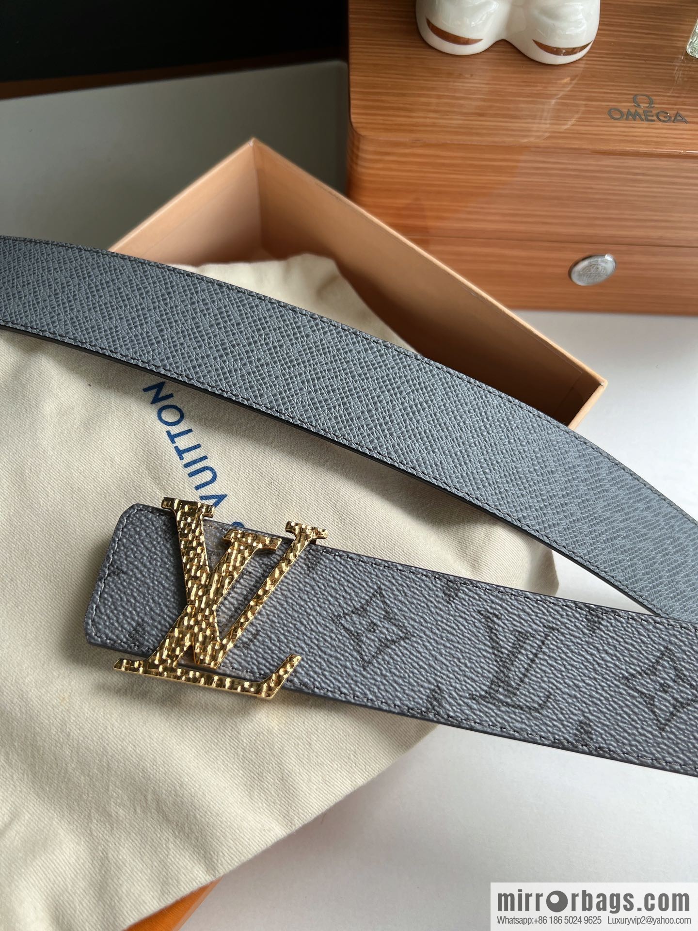 LV/Louis Vuitton Monogram Canvas and Taiga Leather Initiales Double Sided Belt