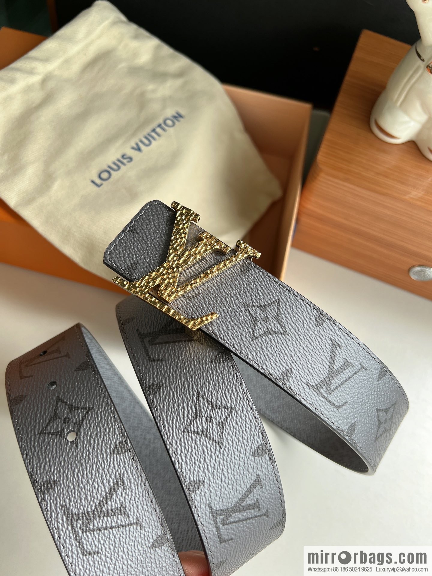 LV/Louis Vuitton Monogram Canvas and Taiga Leather Initiales Double Sided Belt