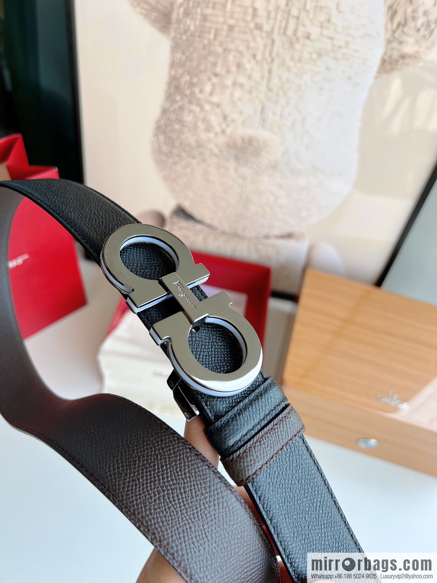 Ferragamo Ferragamo, Classic Black Coffee Triple Sandwich Metal Buckle Men's 3.5cm Belt