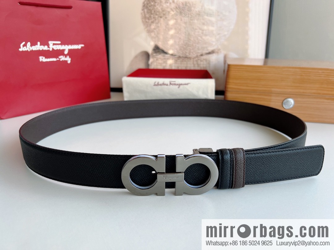 Ferragamo Ferragamo, Classic Black Coffee Triple Sandwich Metal Buckle Men's 3.5cm Belt