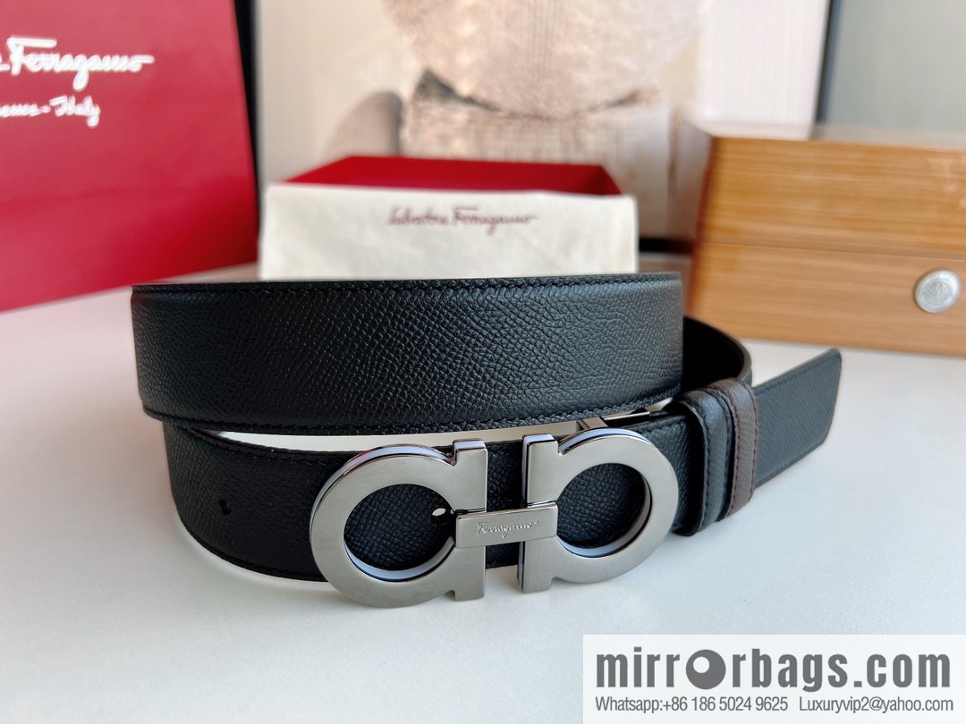 Ferragamo Ferragamo, Classic Black Coffee Triple Sandwich Metal Buckle Men's 3.5cm Belt