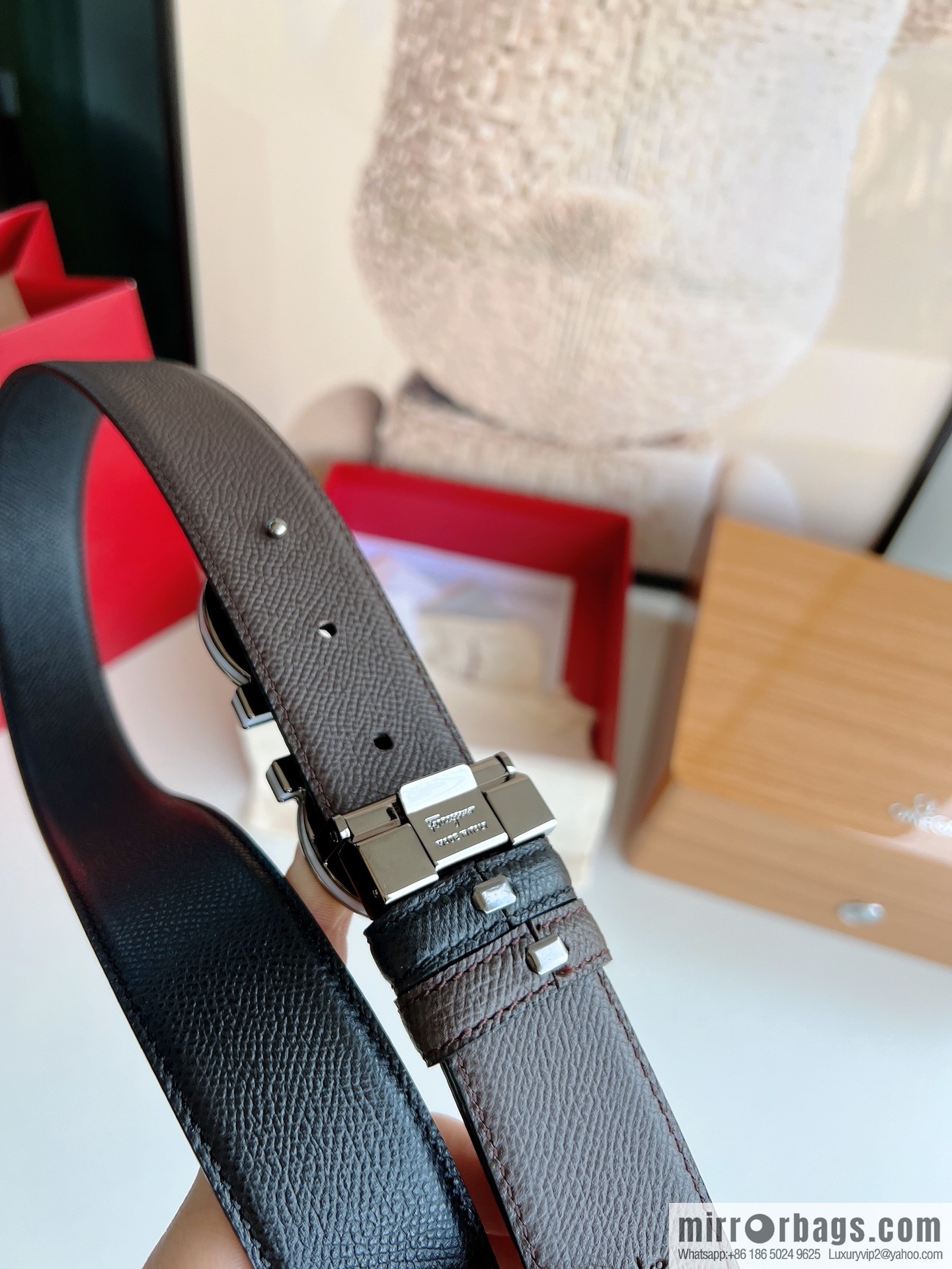 Ferragamo Ferragamo, Classic Black Coffee Triple Sandwich Metal Buckle Men's 3.5cm Belt