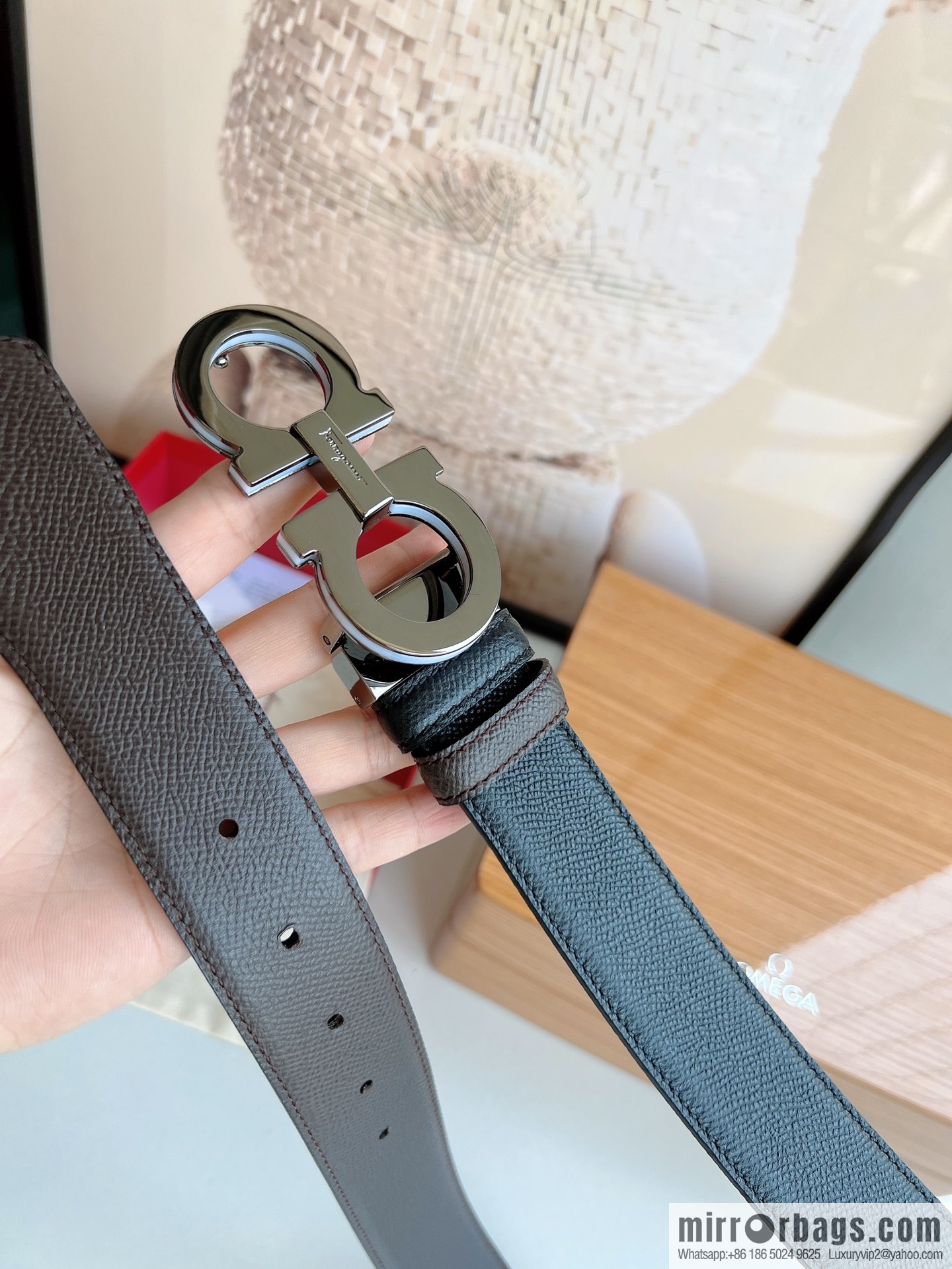 Ferragamo Ferragamo, Classic Black Coffee Triple Sandwich Metal Buckle Men's 3.5cm Belt