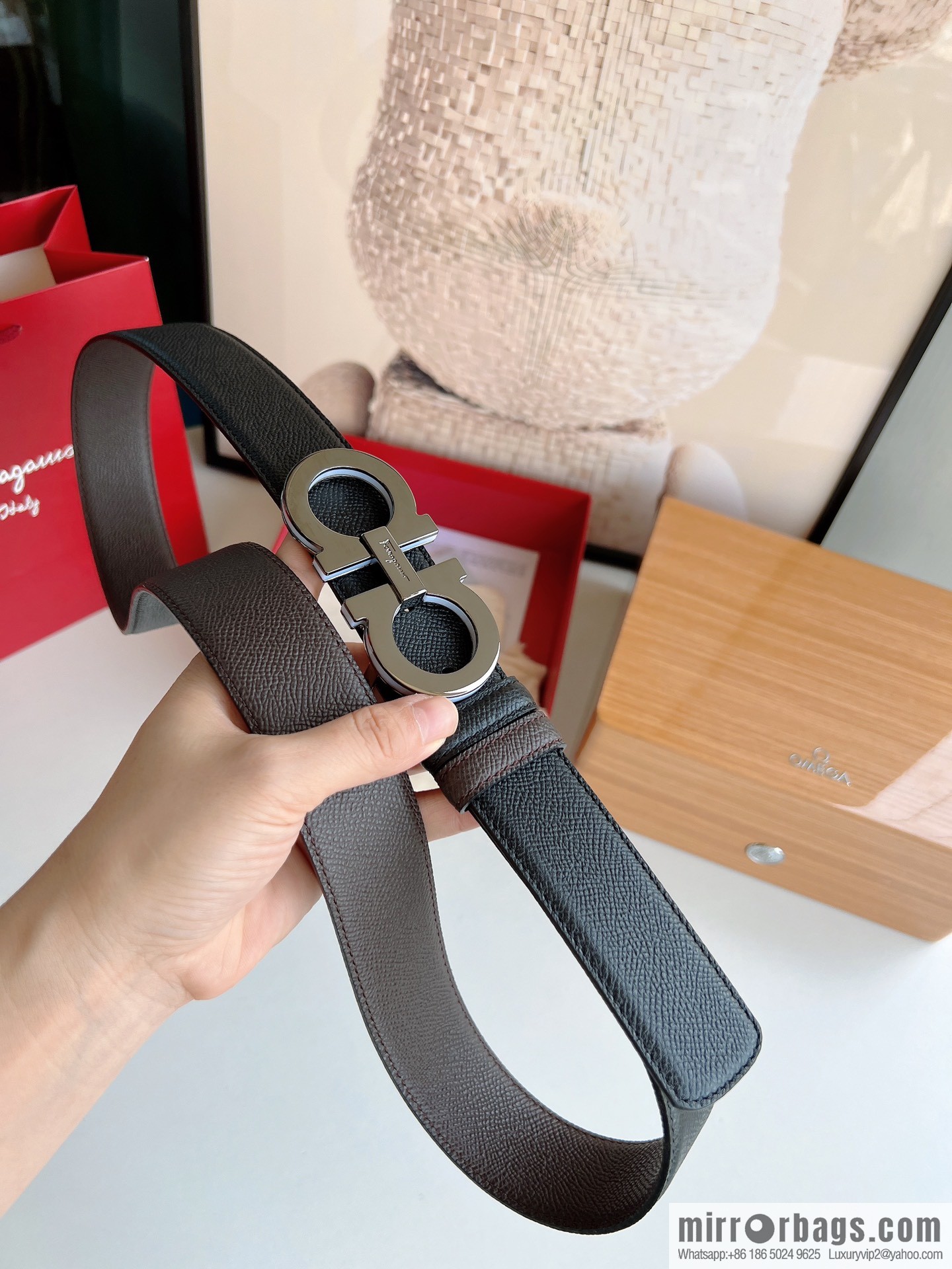 Ferragamo Ferragamo, Classic Black Coffee Triple Sandwich Metal Buckle Men's 3.5cm Belt