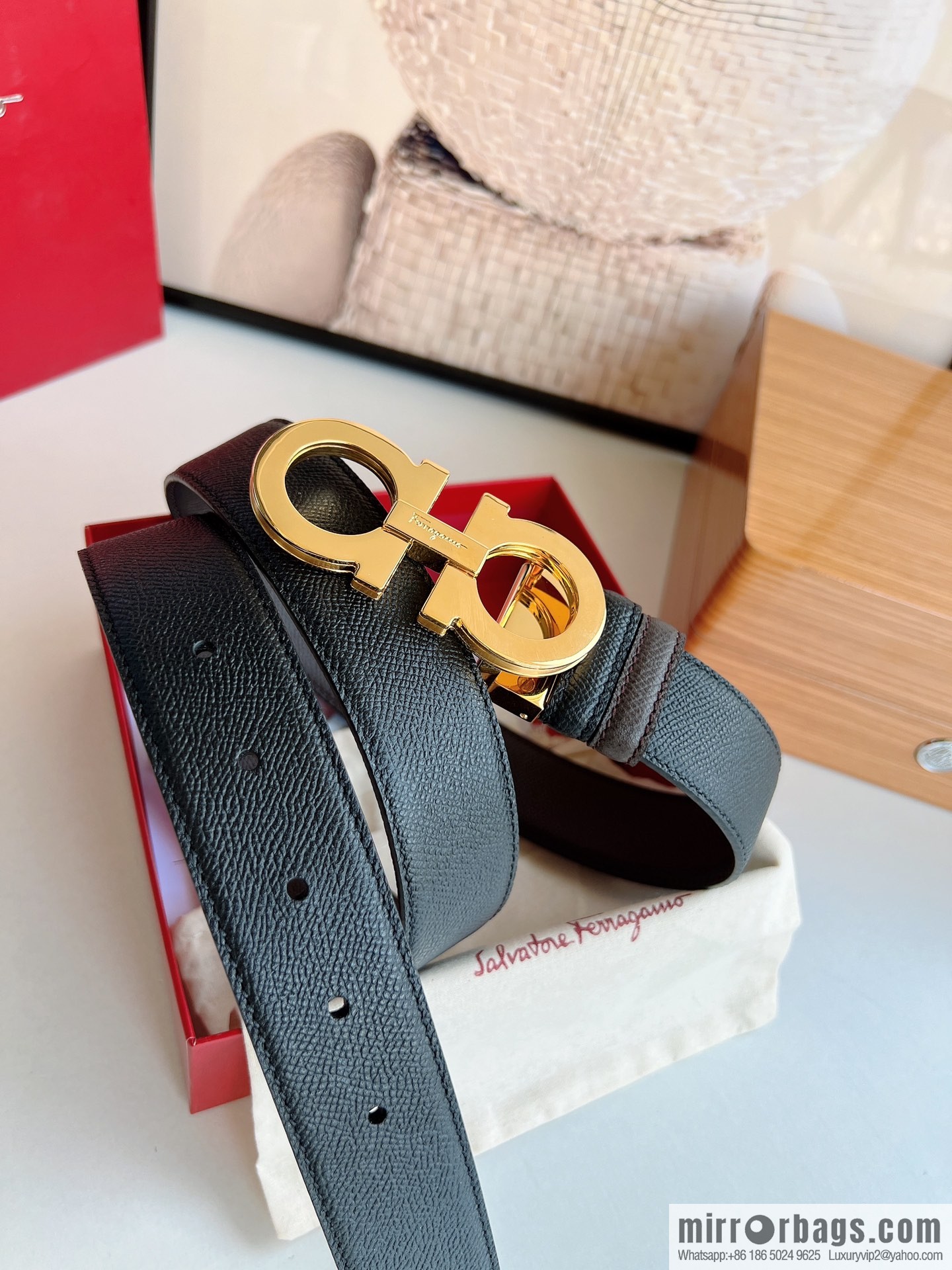 Ferragamo Ferragamo, Classic Black Coffee Triple Sandwich Metal Buckle Men's 3.5cm Belt