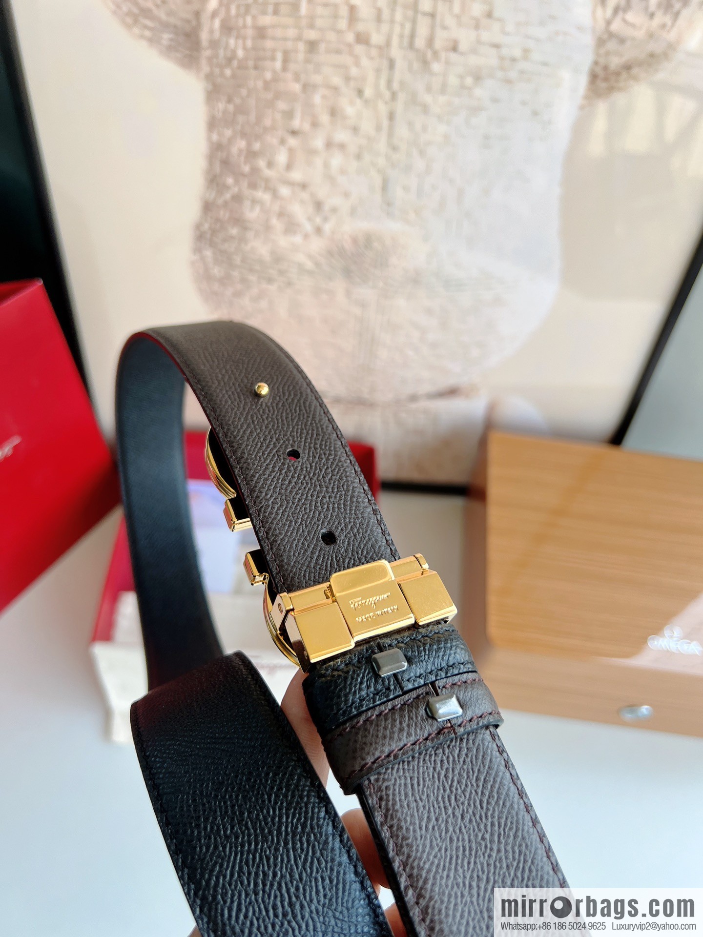 Ferragamo Ferragamo, Classic Black Coffee Triple Sandwich Metal Buckle Men's 3.5cm Belt