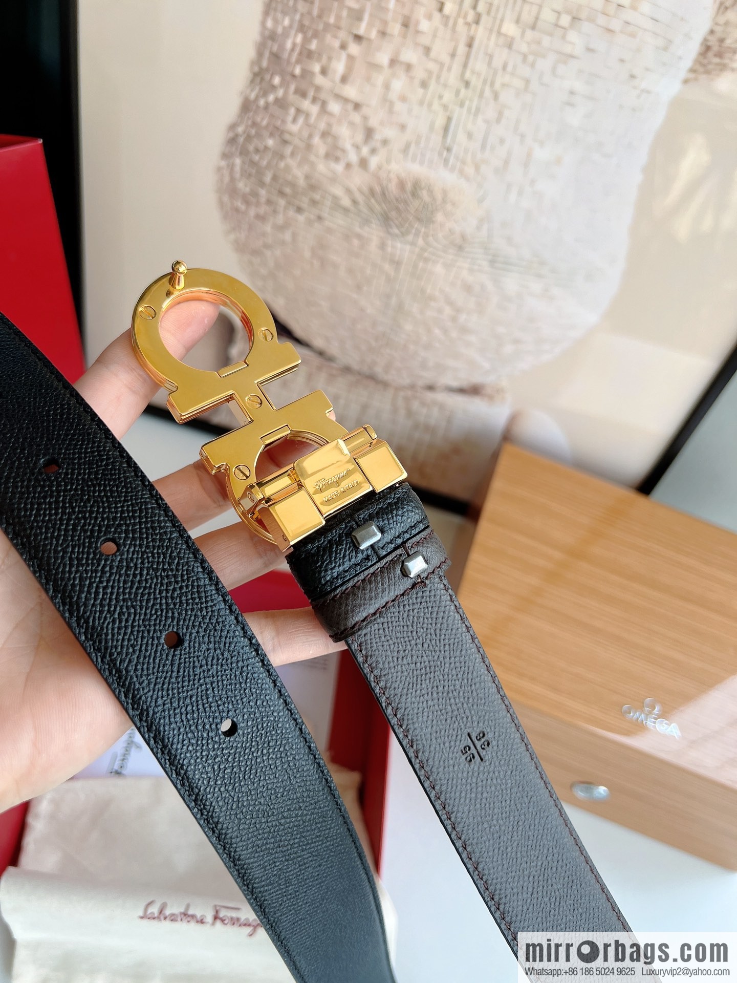 Ferragamo Ferragamo, Classic Black Coffee Triple Sandwich Metal Buckle Men's 3.5cm Belt