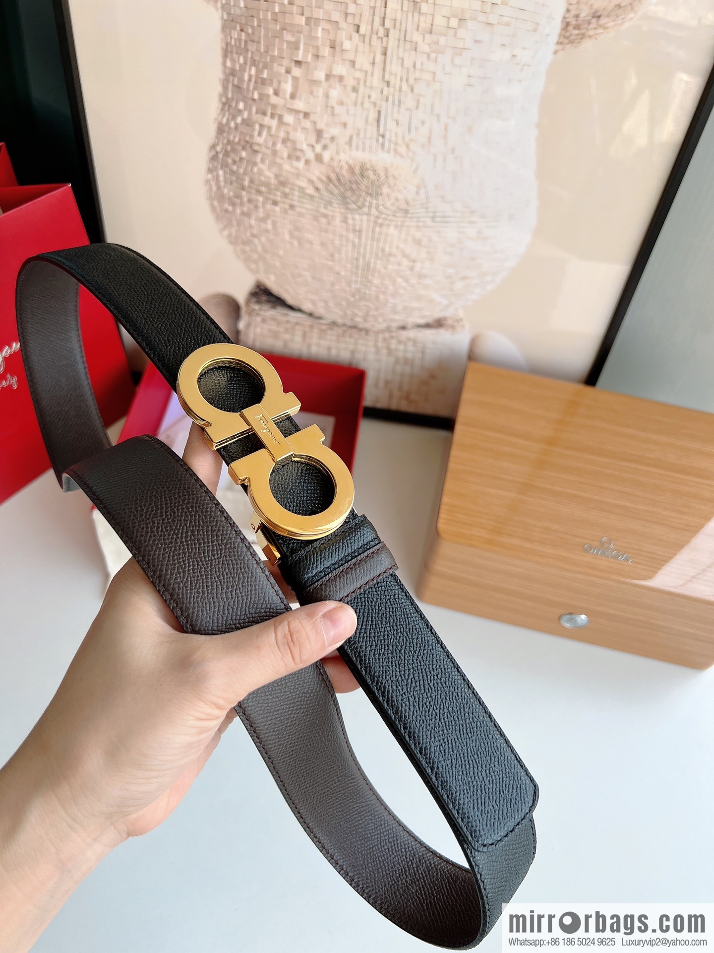 Ferragamo Ferragamo, Classic Black Coffee Triple Sandwich Metal Buckle Men's 3.5cm Belt