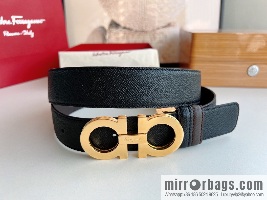 Ferragamo Ferragamo, Classic Black Coffee Triple Sandwich Metal Buckle Men's 3.5cm Belt