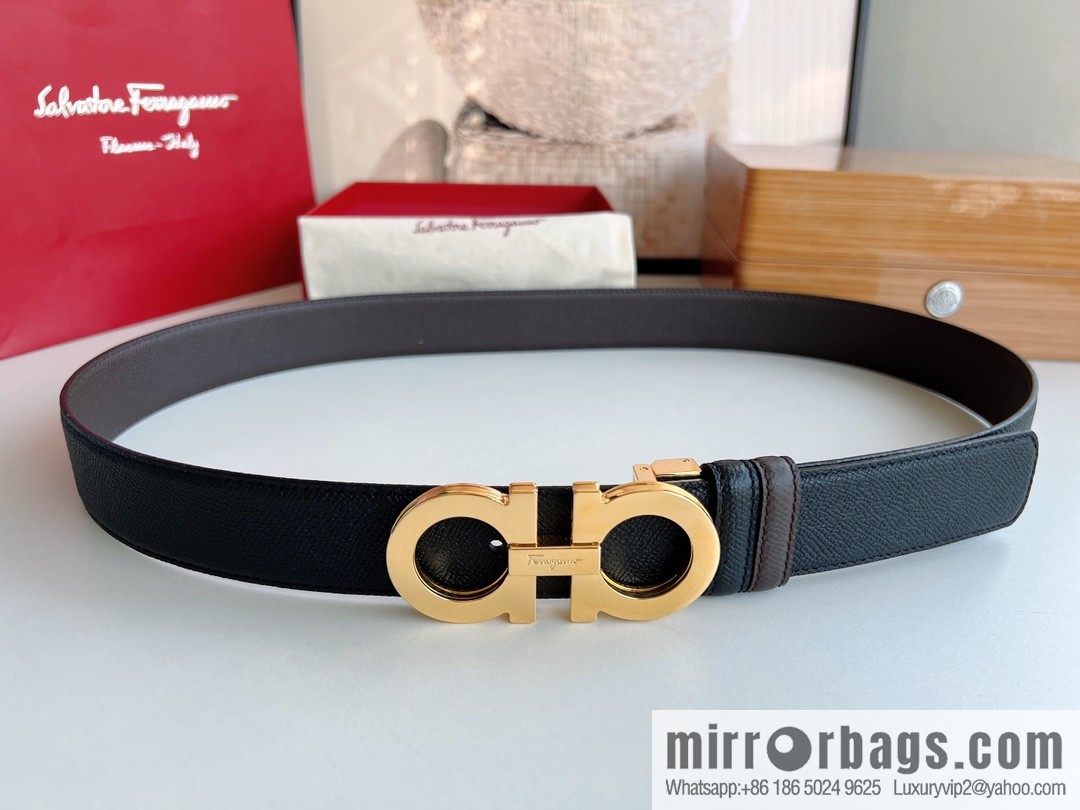 Ferragamo Ferragamo, Classic Black Coffee Triple Sandwich Metal Buckle Men's 3.5cm Belt