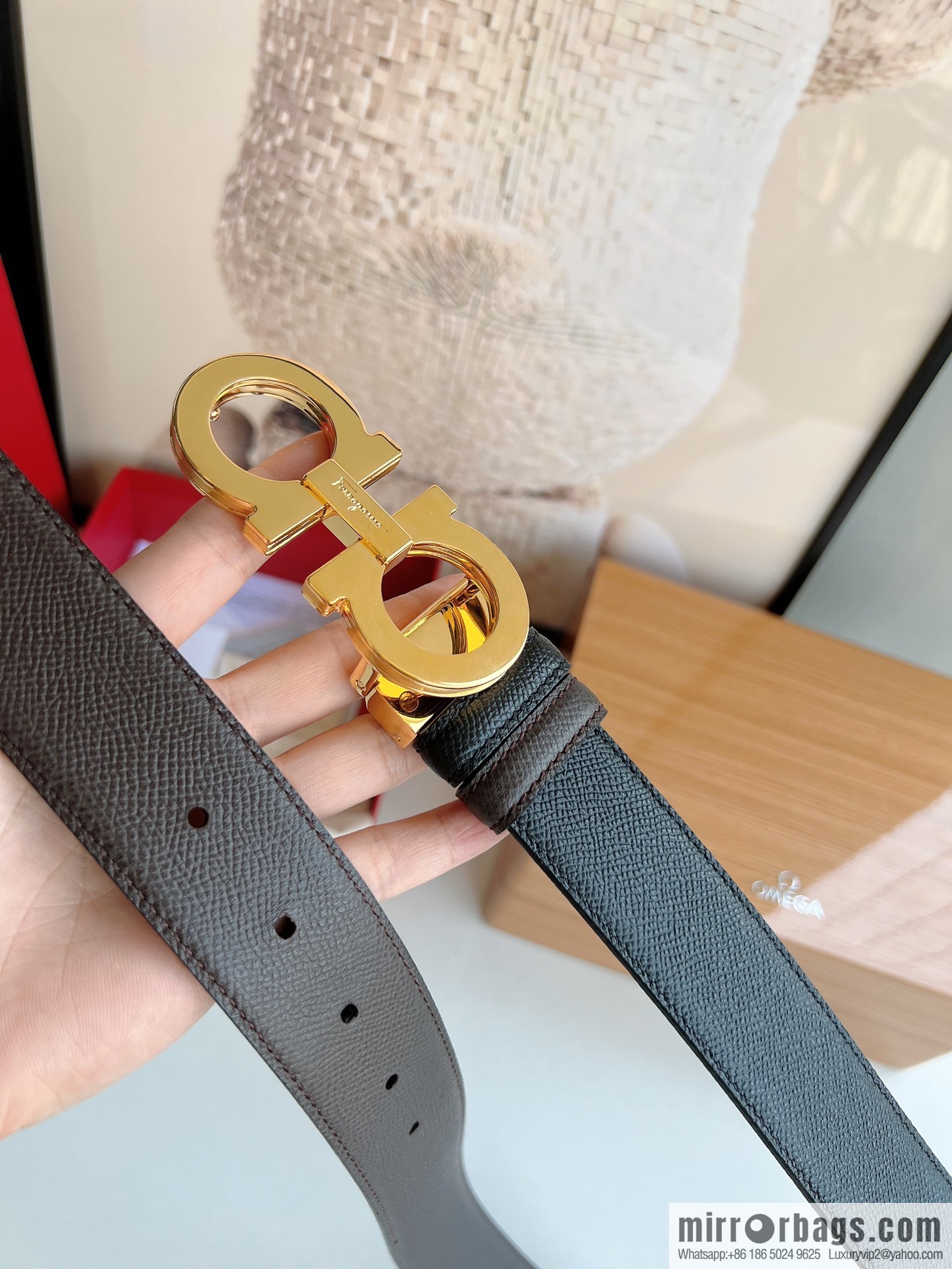 Ferragamo Ferragamo, Classic Black Coffee Triple Sandwich Metal Buckle Men's 3.5cm Belt