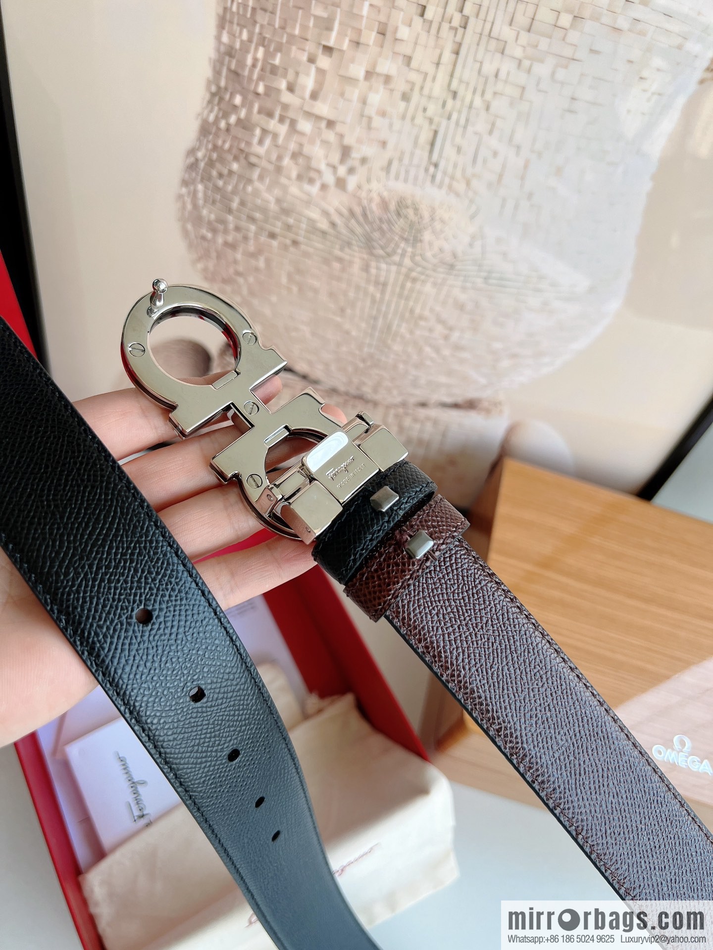 Ferragamo Ferragamo, Classic Black Coffee Triple Sandwich Metal Buckle Men's 3.5cm Belt