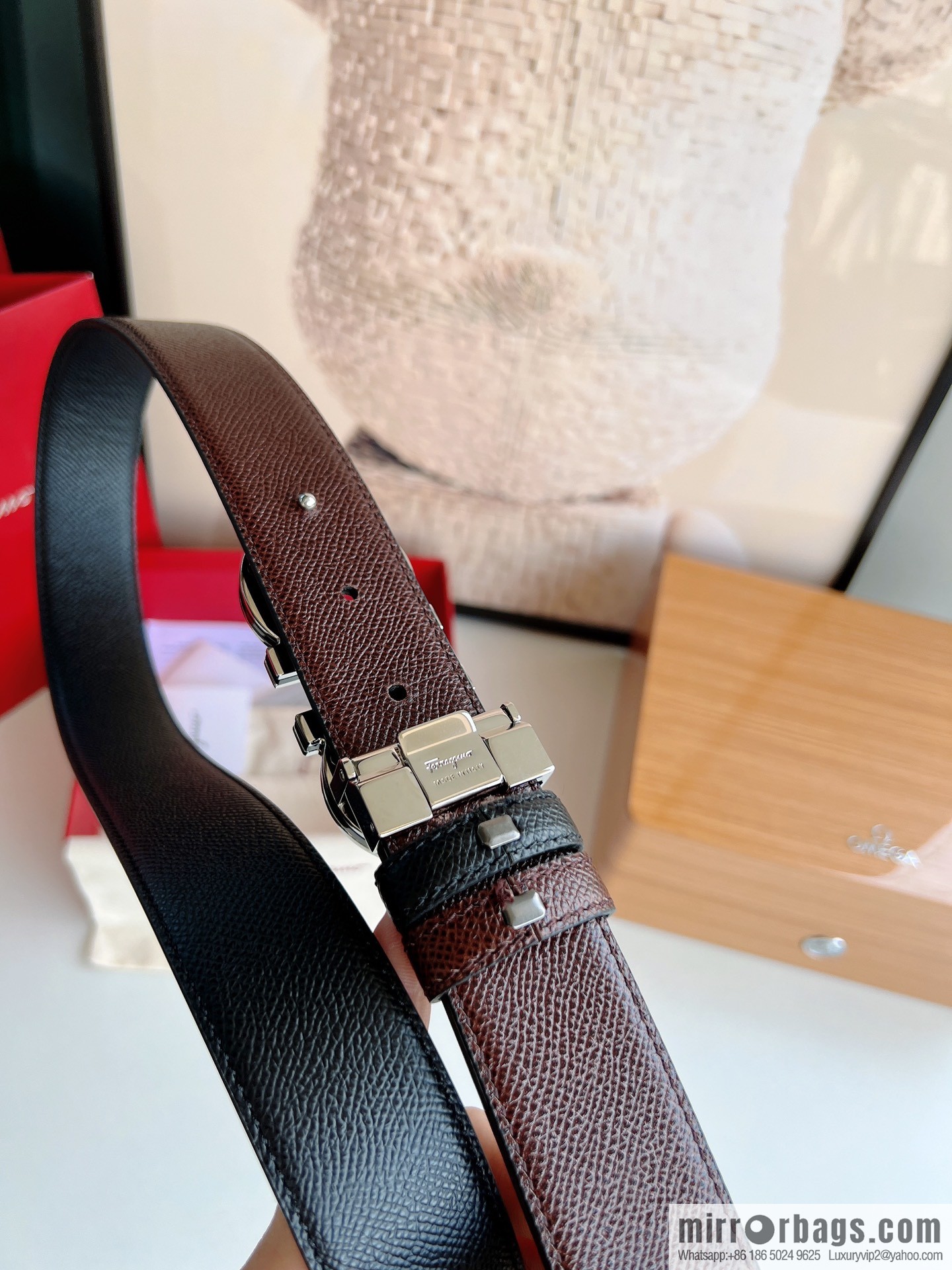 Ferragamo Ferragamo, Classic Black Coffee Triple Sandwich Metal Buckle Men's 3.5cm Belt