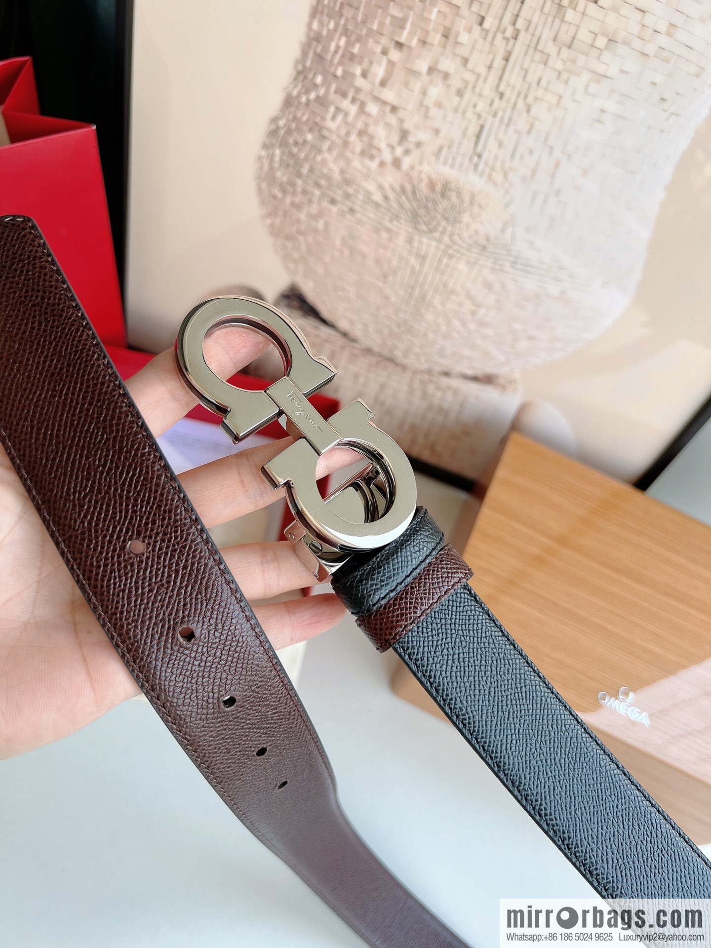 Ferragamo Ferragamo, Classic Black Coffee Triple Sandwich Metal Buckle Men's 3.5cm Belt