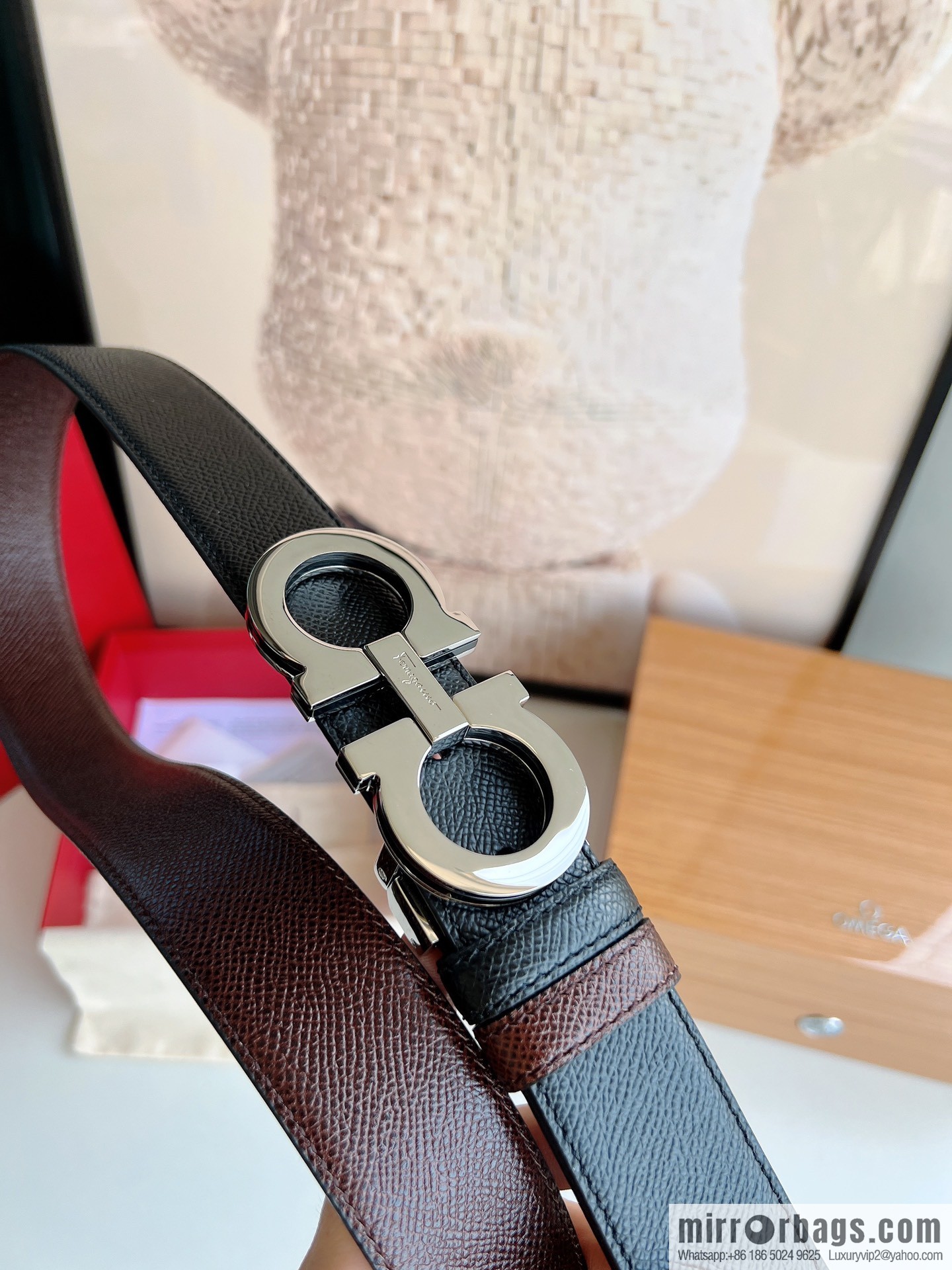 Ferragamo Ferragamo, Classic Black Coffee Triple Sandwich Metal Buckle Men's 3.5cm Belt