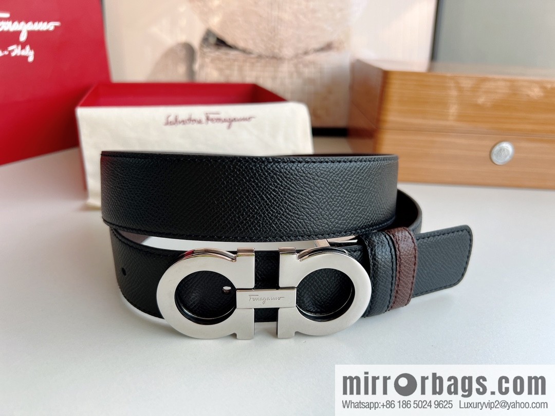 Ferragamo Ferragamo, Classic Black Coffee Triple Sandwich Metal Buckle Men's 3.5cm Belt