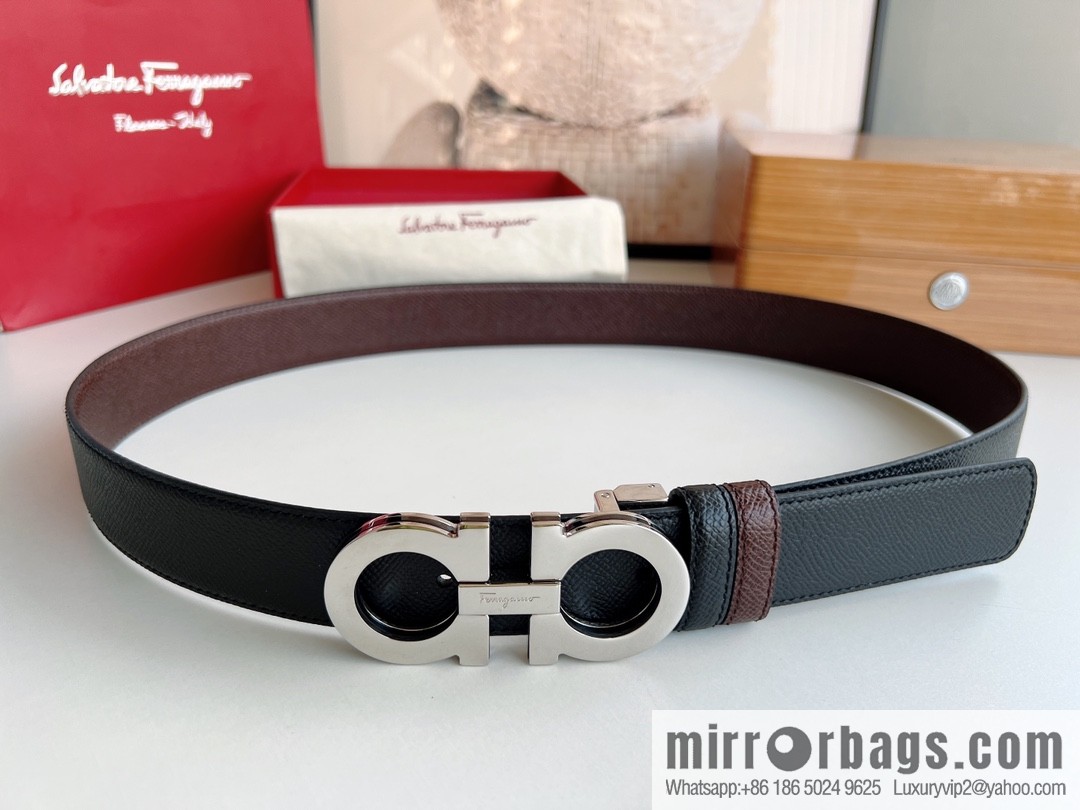 Ferragamo Ferragamo, Classic Black Coffee Triple Sandwich Metal Buckle Men's 3.5cm Belt