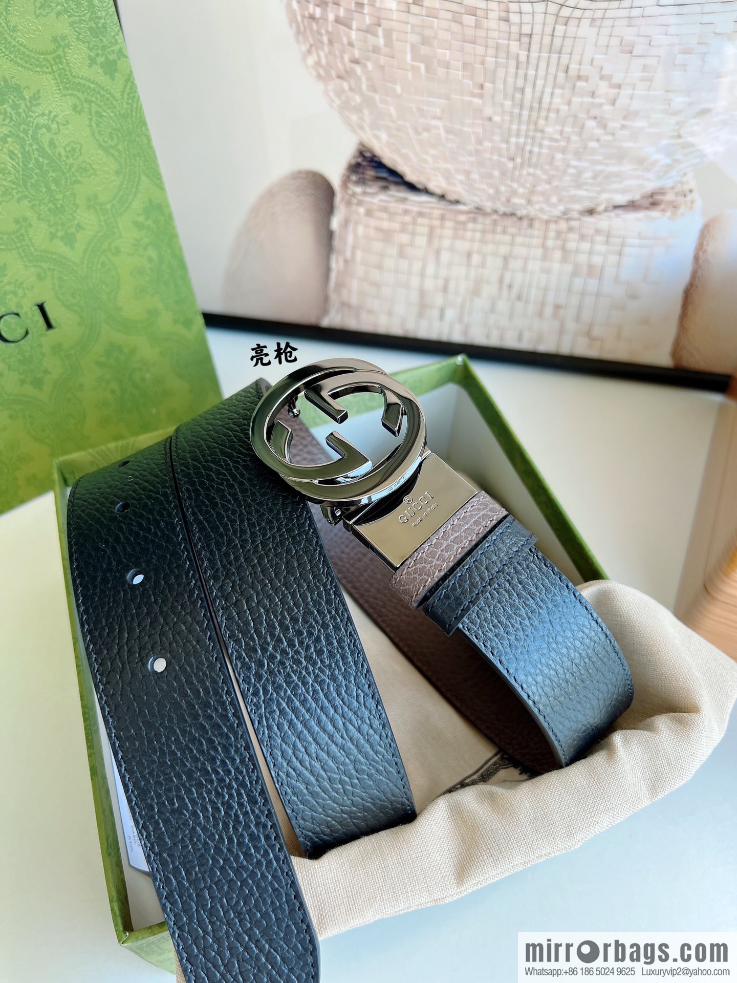 Gucci Gucci 3.5cm full leather black coffee double G gold/silver buckle belt