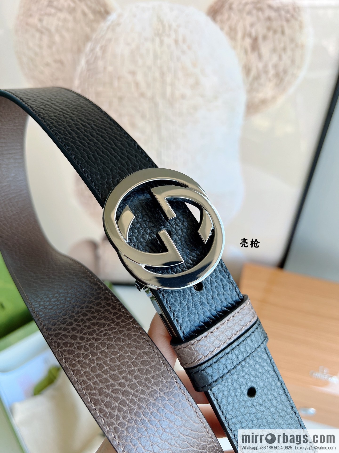 Gucci Gucci 3.5cm full leather black coffee double G gold/silver buckle belt