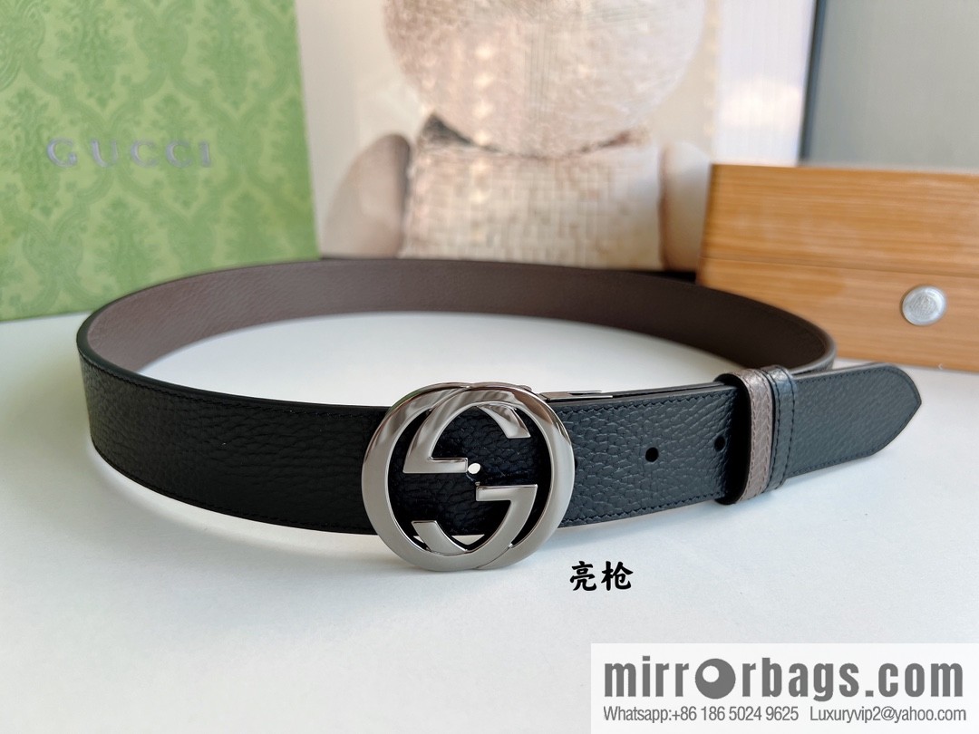 Gucci Gucci 3.5cm full leather black coffee double G gold/silver buckle belt