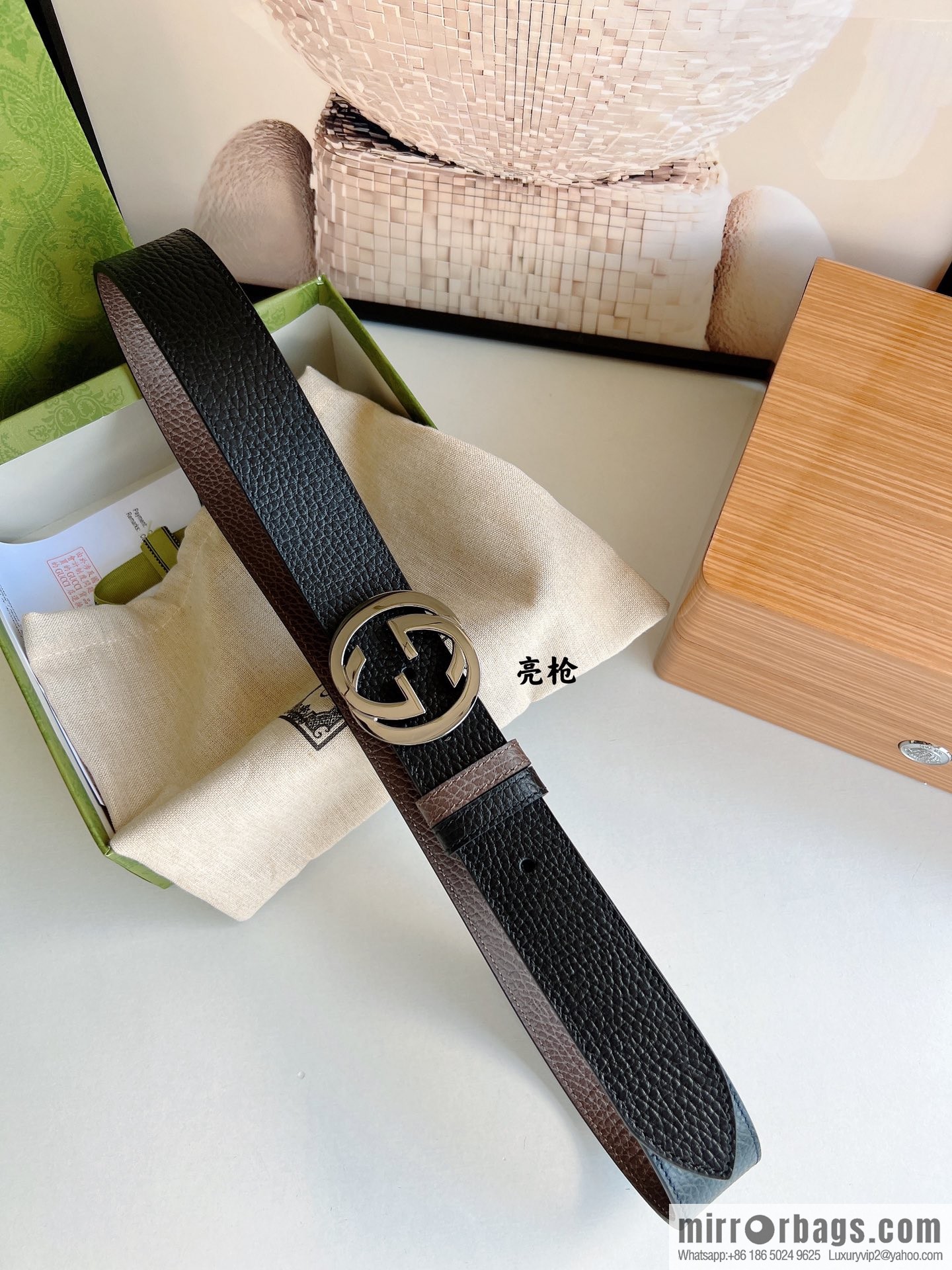 Gucci Gucci 3.5cm full leather black coffee double G gold/silver buckle belt