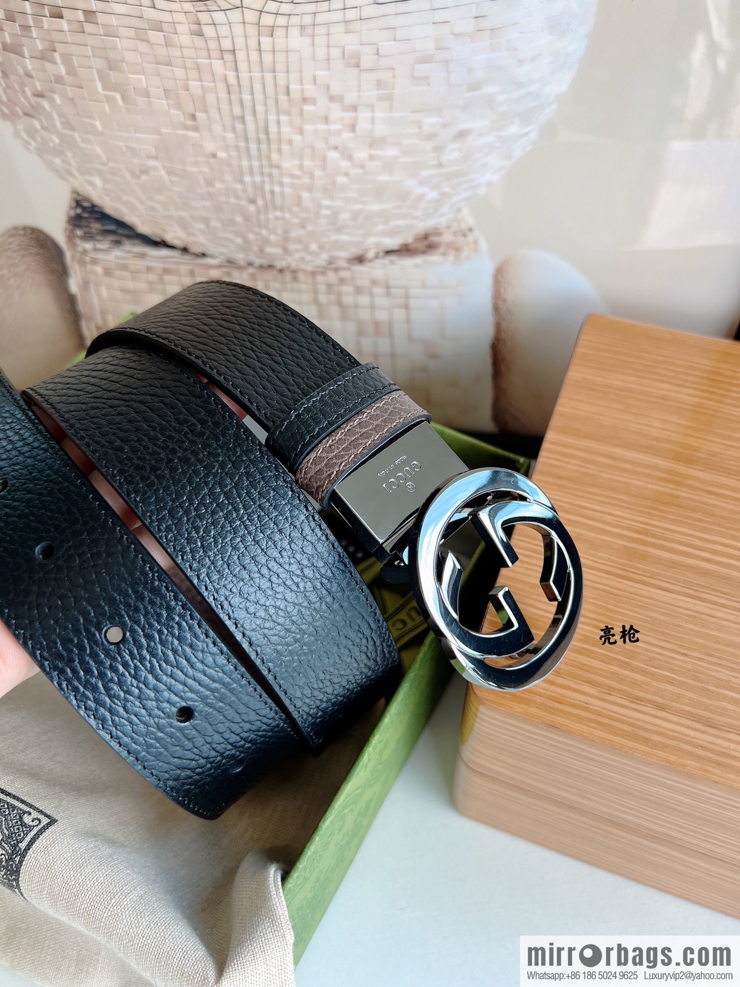 Gucci Gucci 3.5cm full leather black coffee double G gold/silver buckle belt