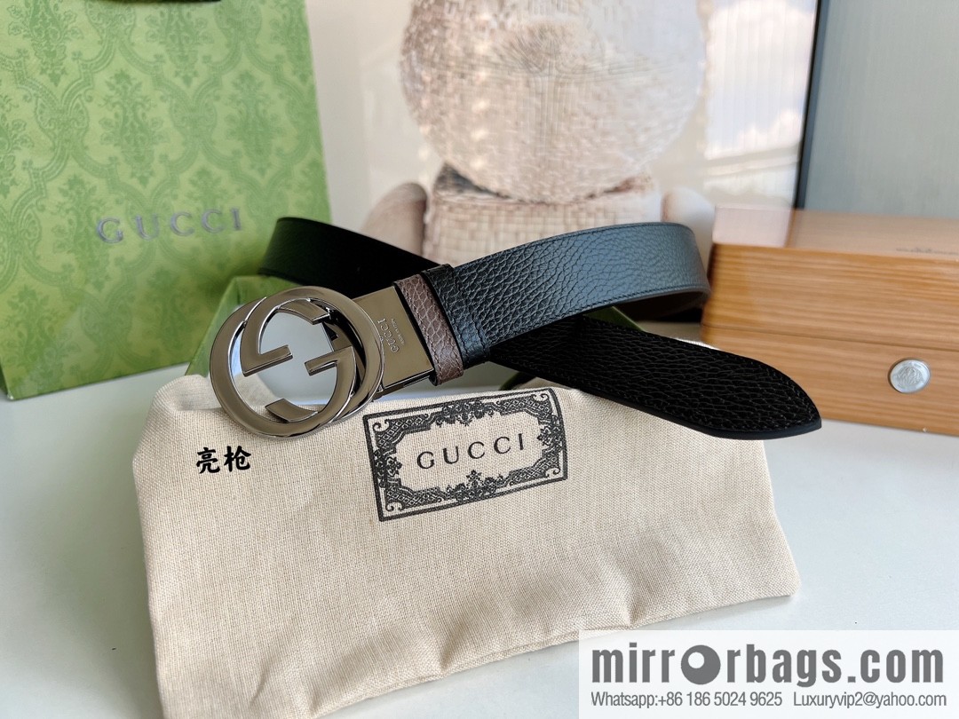 Gucci Gucci 3.5cm full leather black coffee double G gold/silver buckle belt