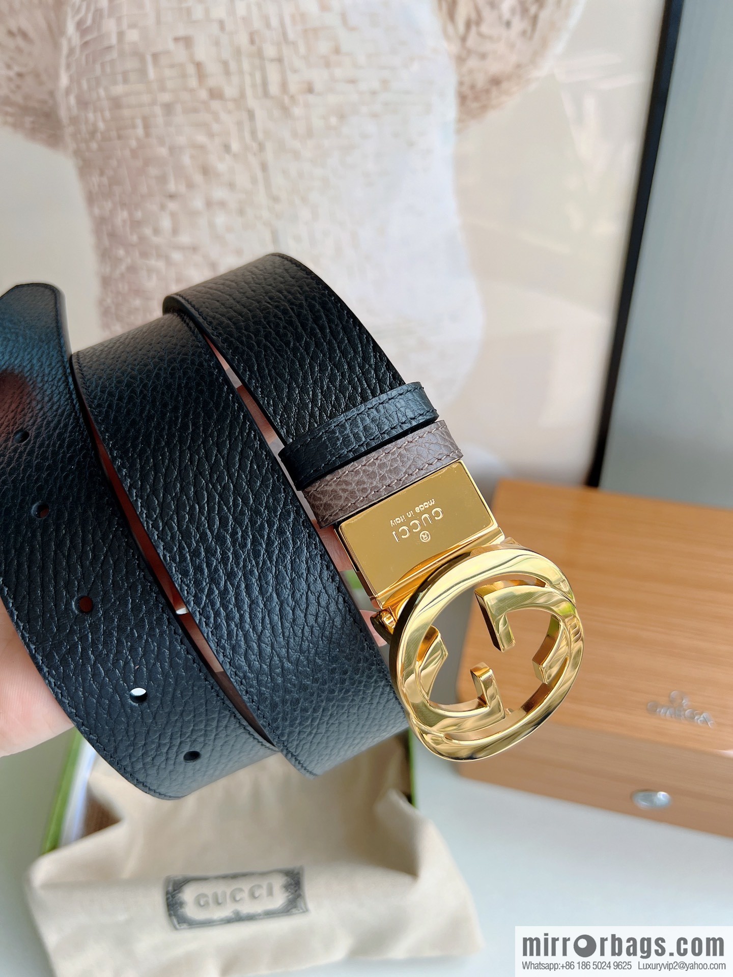 Gucci Gucci 3.5cm full leather black coffee double G gold/silver buckle belt