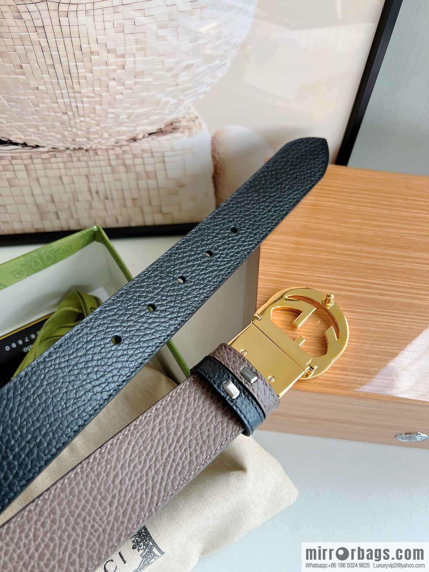 Gucci Gucci 3.5cm full leather black coffee double G gold/silver buckle belt