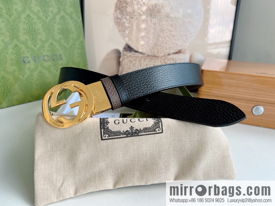 Gucci Gucci 3.5cm full leather black coffee double G gold/silver buckle belt