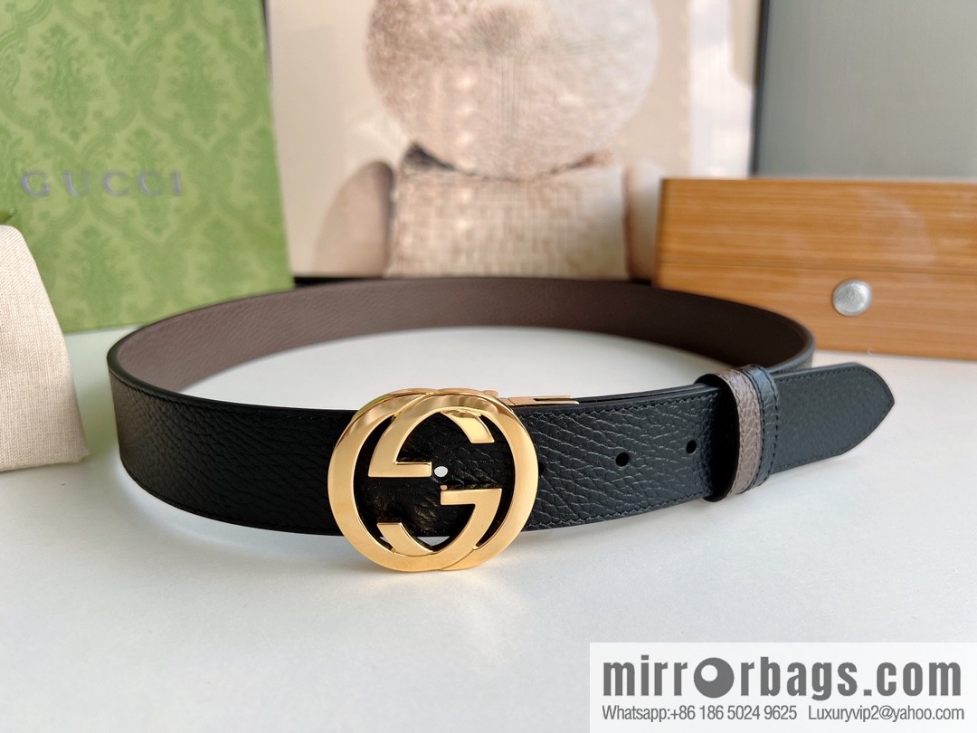 Gucci Gucci 3.5cm full leather black coffee double G gold/silver buckle belt