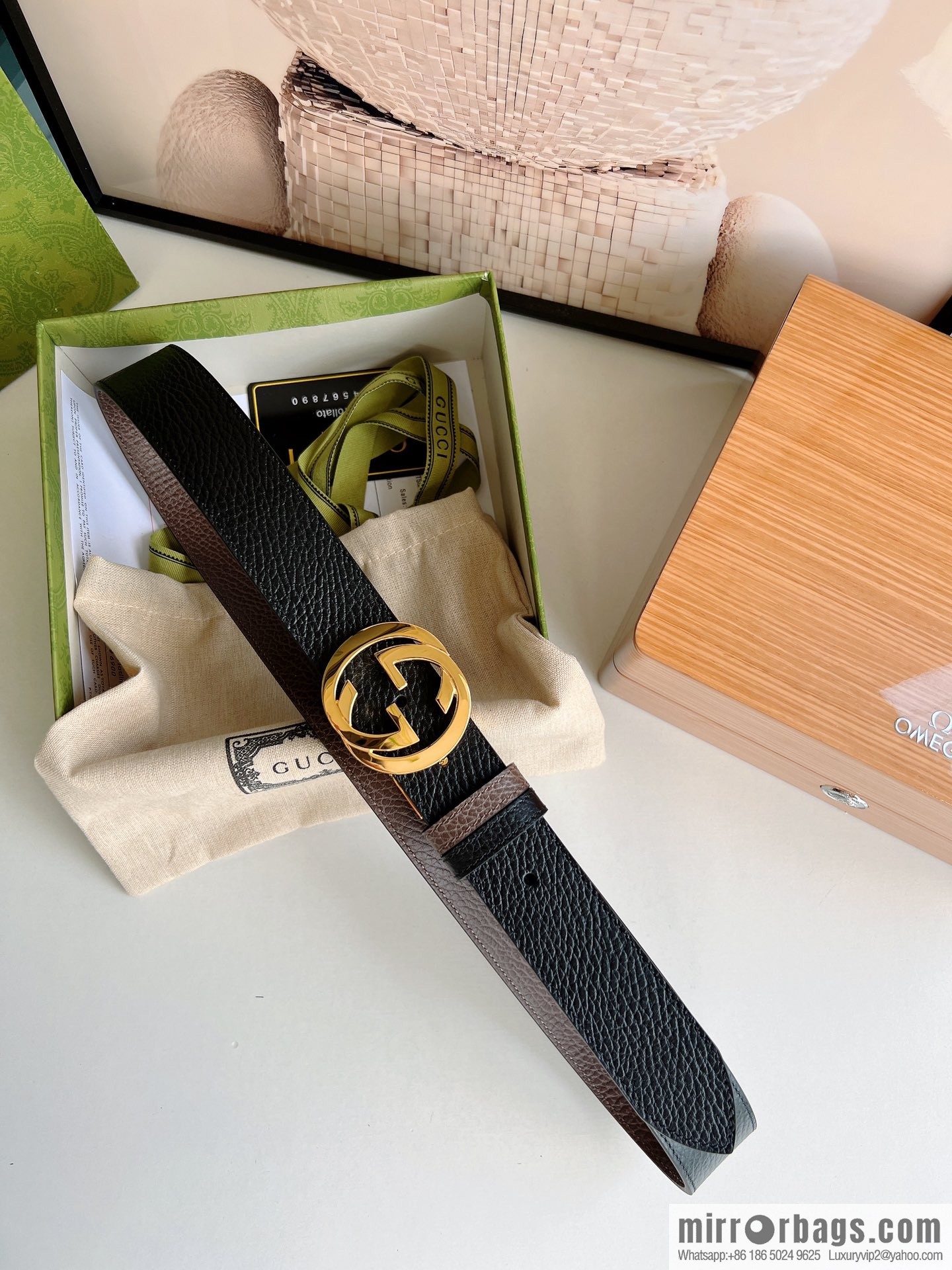 Gucci Gucci 3.5cm full leather black coffee double G gold/silver buckle belt