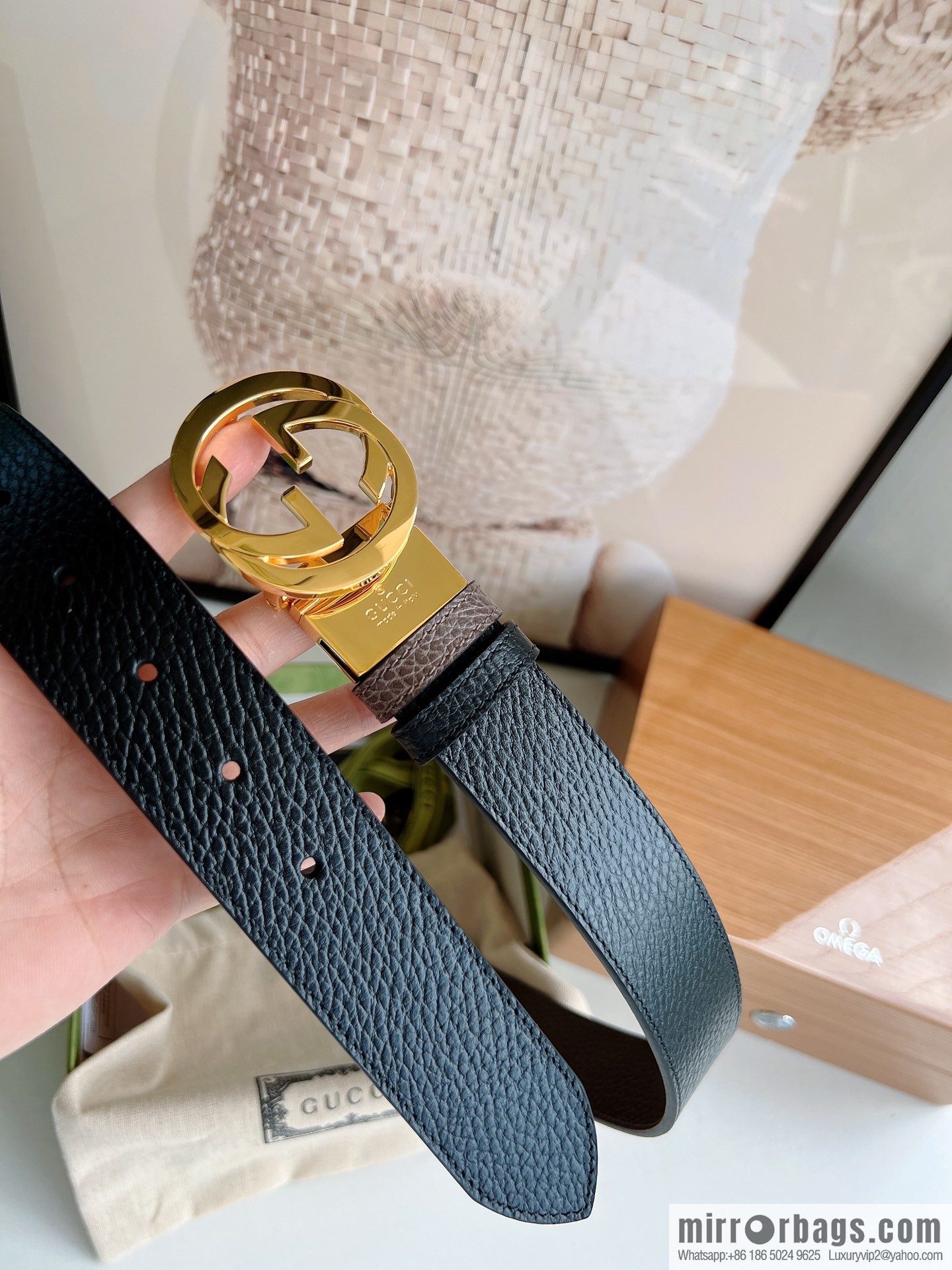 Gucci Gucci 3.5cm full leather black coffee double G gold/silver buckle belt