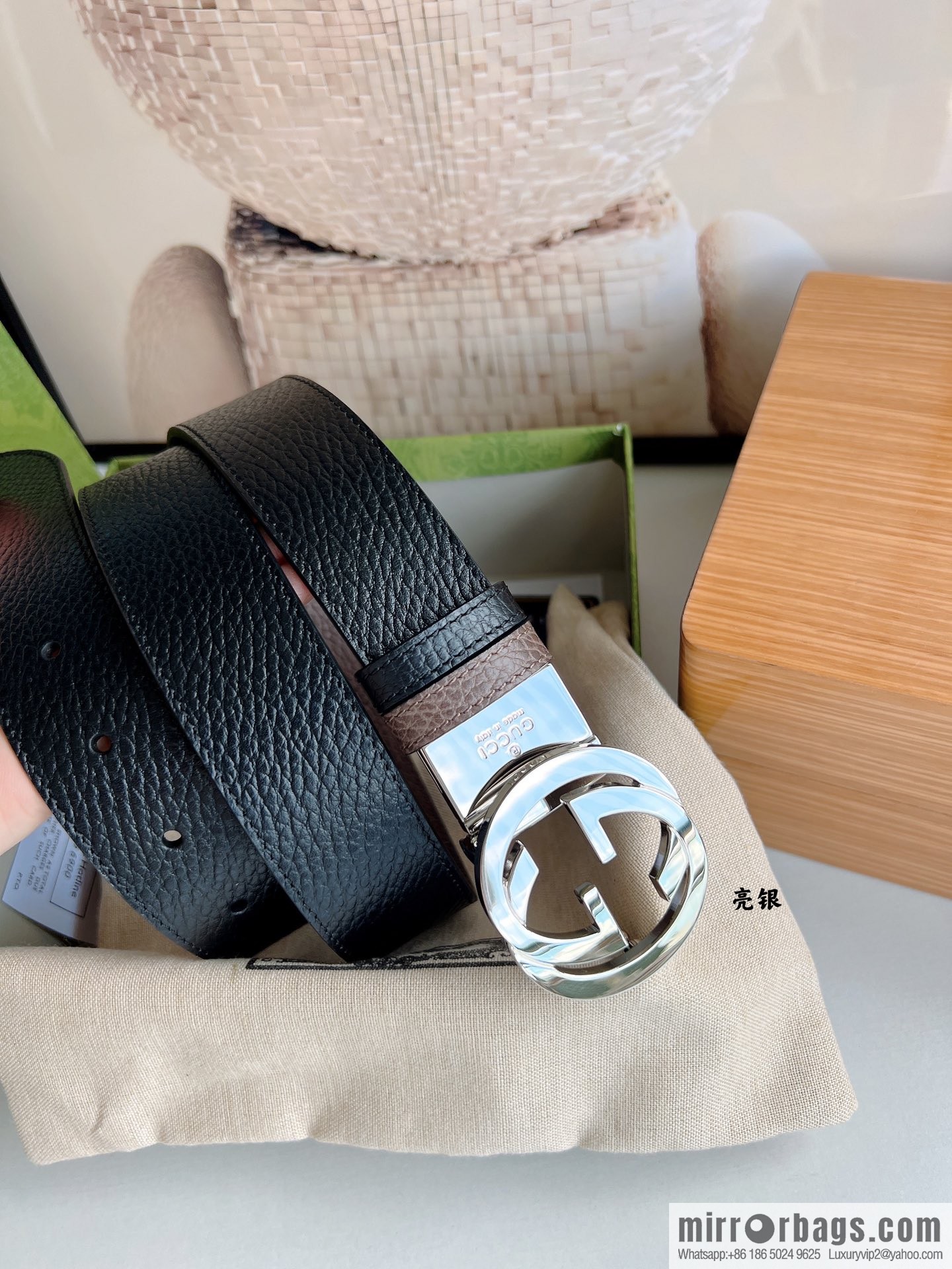 Gucci Gucci 3.5cm full leather black coffee double G gold/silver buckle belt