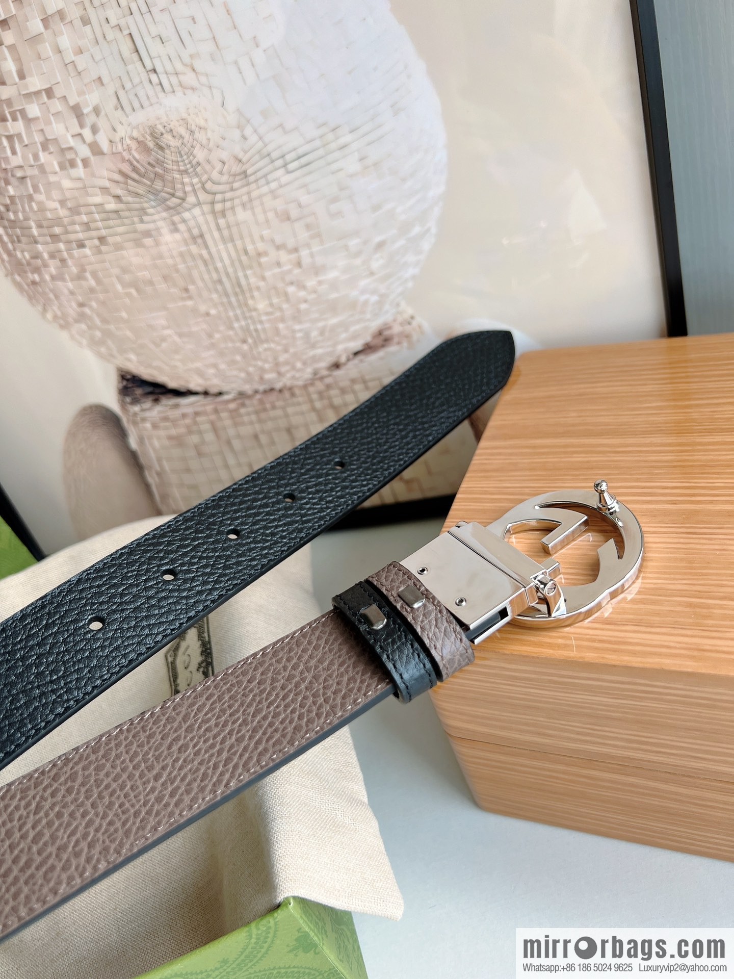 Gucci Gucci 3.5cm full leather black coffee double G gold/silver buckle belt