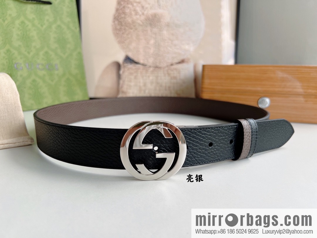 Gucci Gucci 3.5cm full leather black coffee double G gold/silver buckle belt