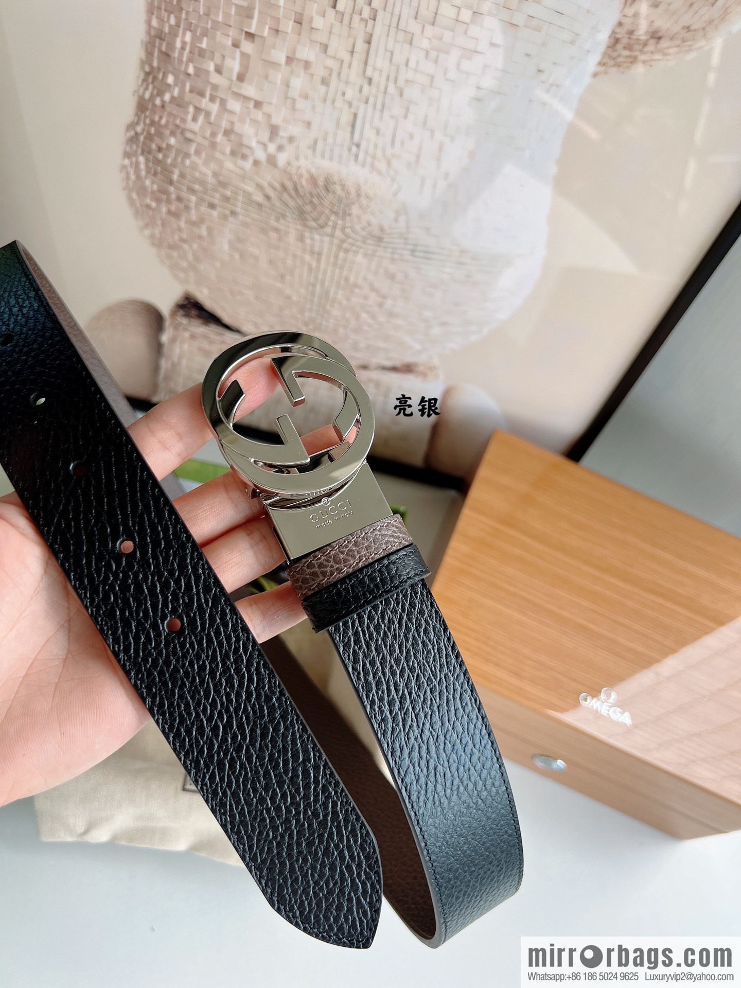 Gucci Gucci 3.5cm full leather black coffee double G gold/silver buckle belt