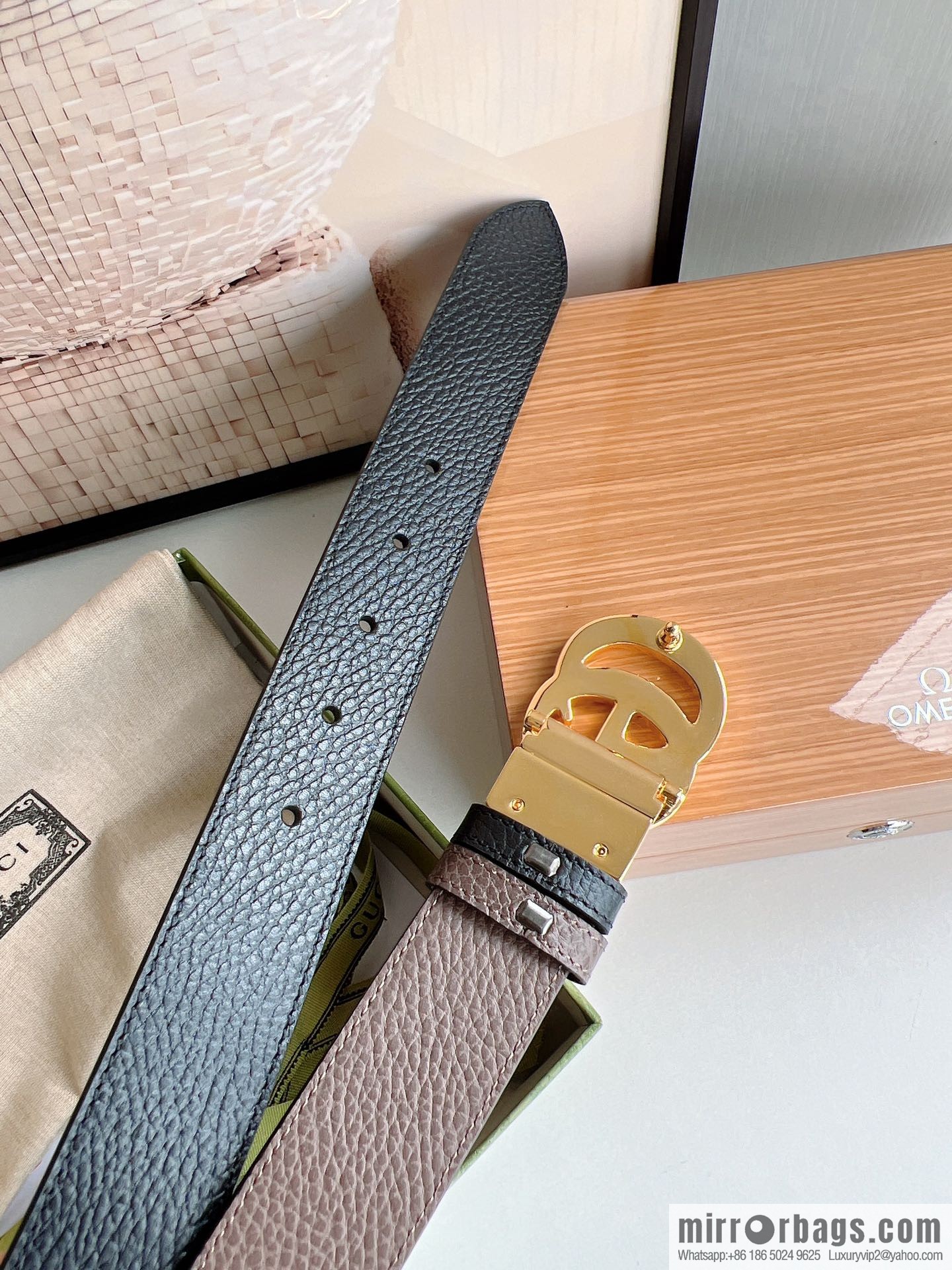 Gucci Gucci 3.5cm full leather black coffee double G gold/silver buckle belt