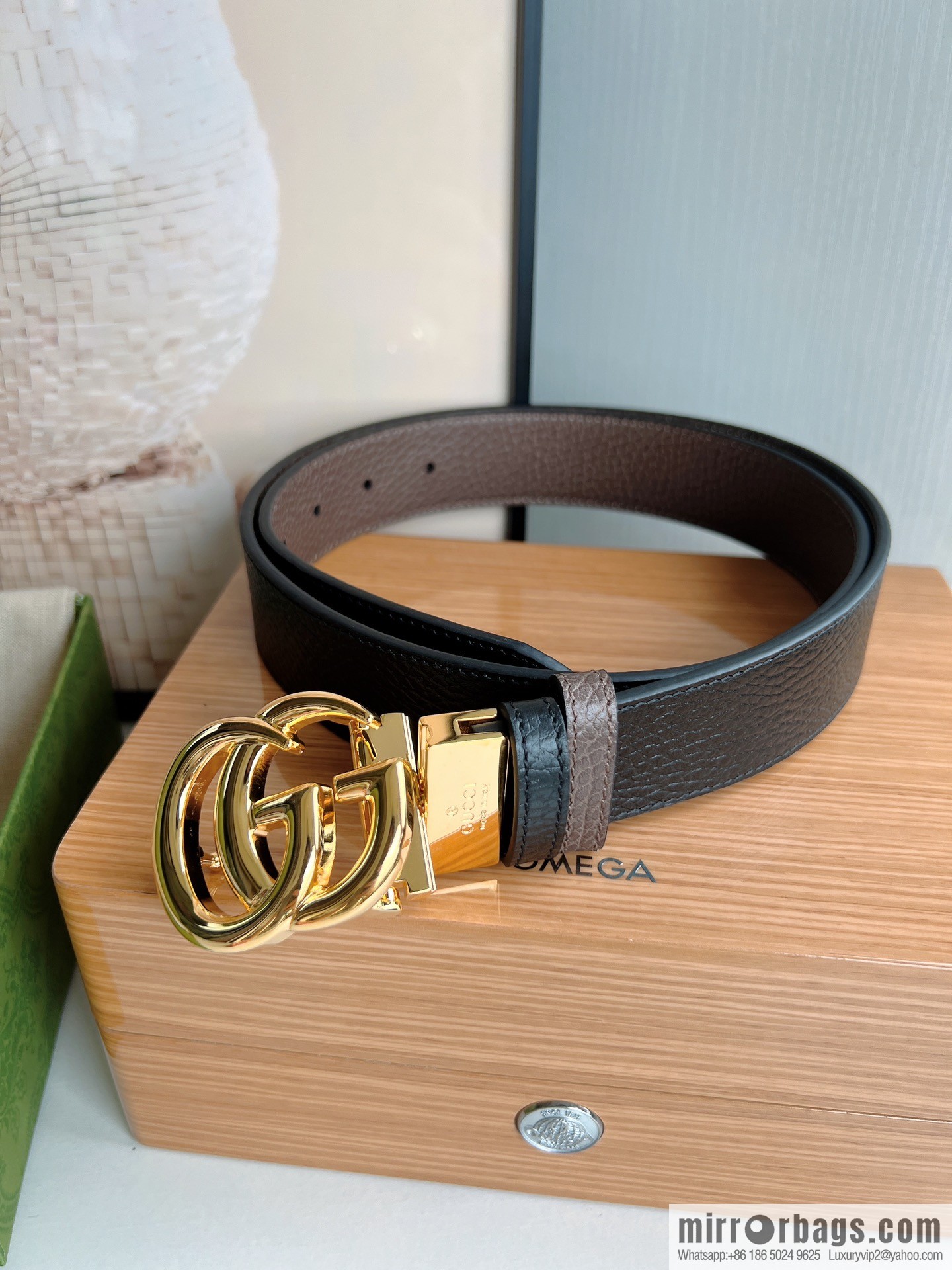 Gucci Gucci 3.5cm full leather black coffee double G gold/silver buckle belt