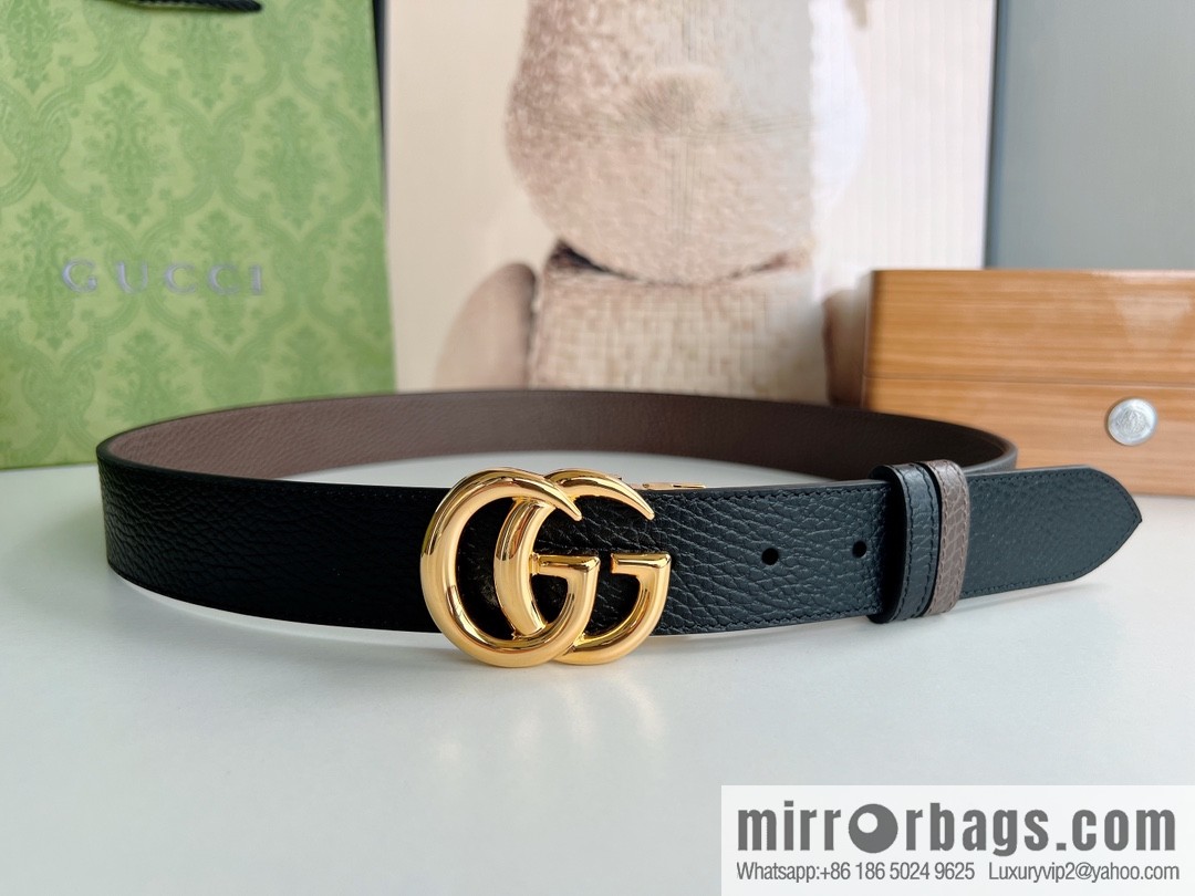 Gucci Gucci 3.5cm full leather black coffee double G gold/silver buckle belt