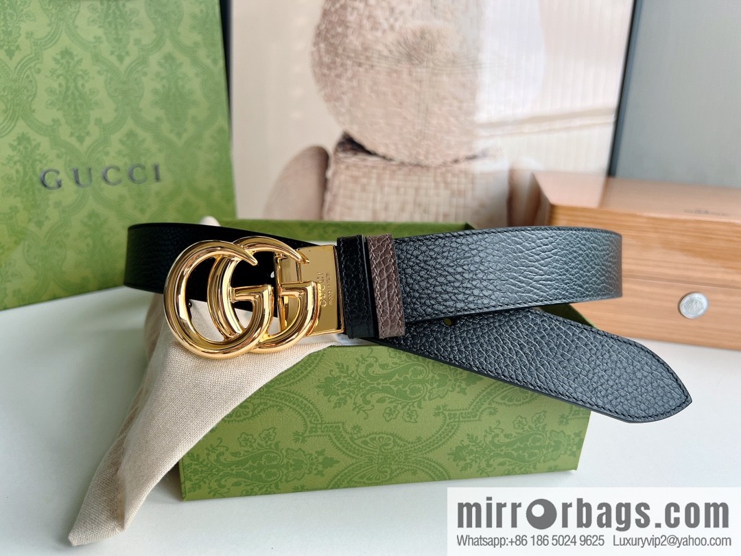 Gucci Gucci 3.5cm full leather black coffee double G gold/silver buckle belt