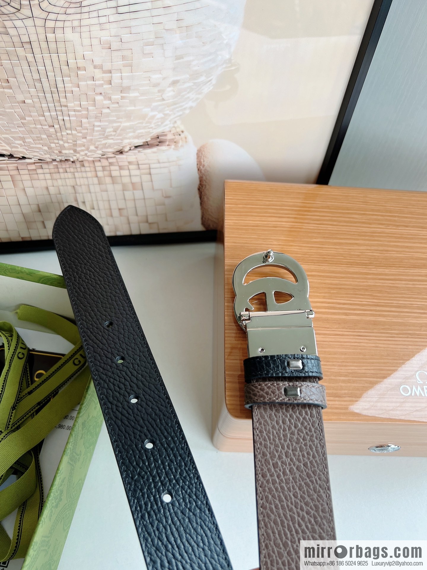 Gucci Gucci 3.5cm full leather black coffee double G gold/silver buckle belt