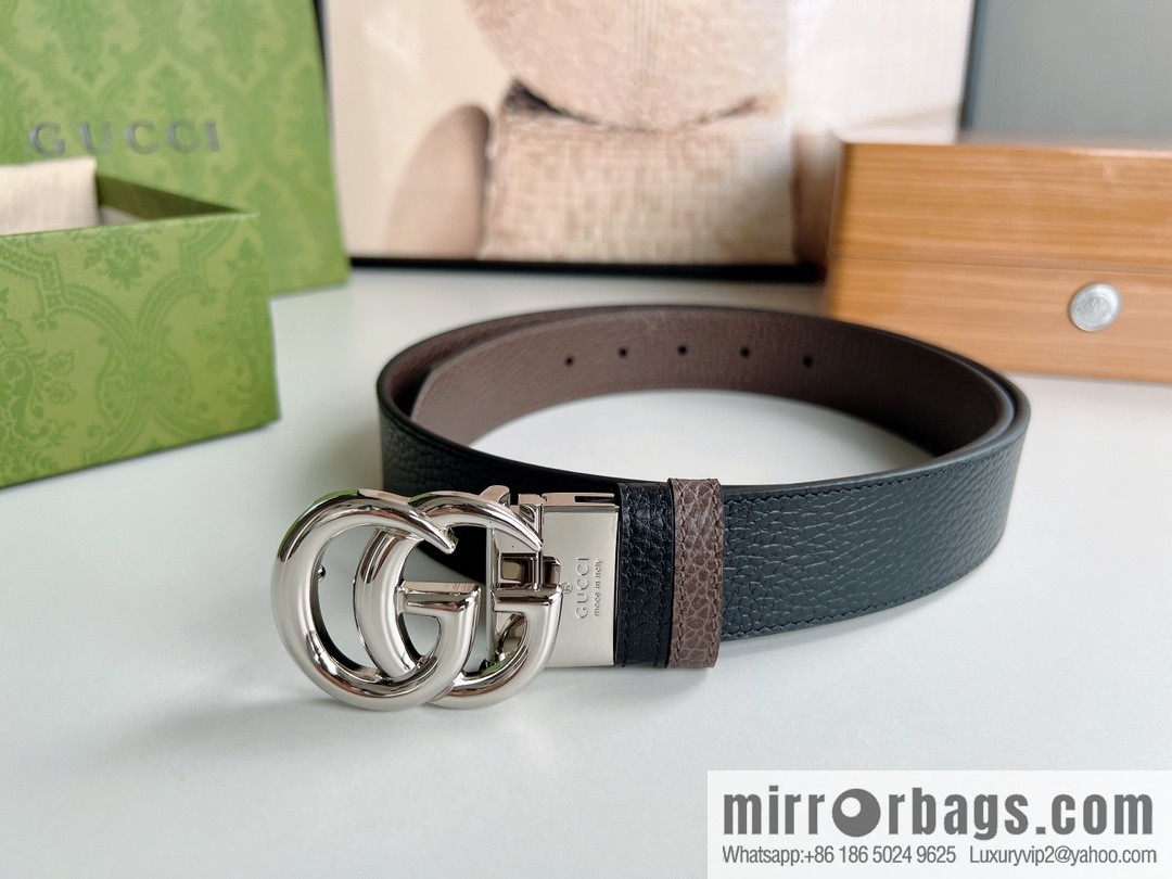Gucci Gucci 3.5cm full leather black coffee double G gold/silver buckle belt