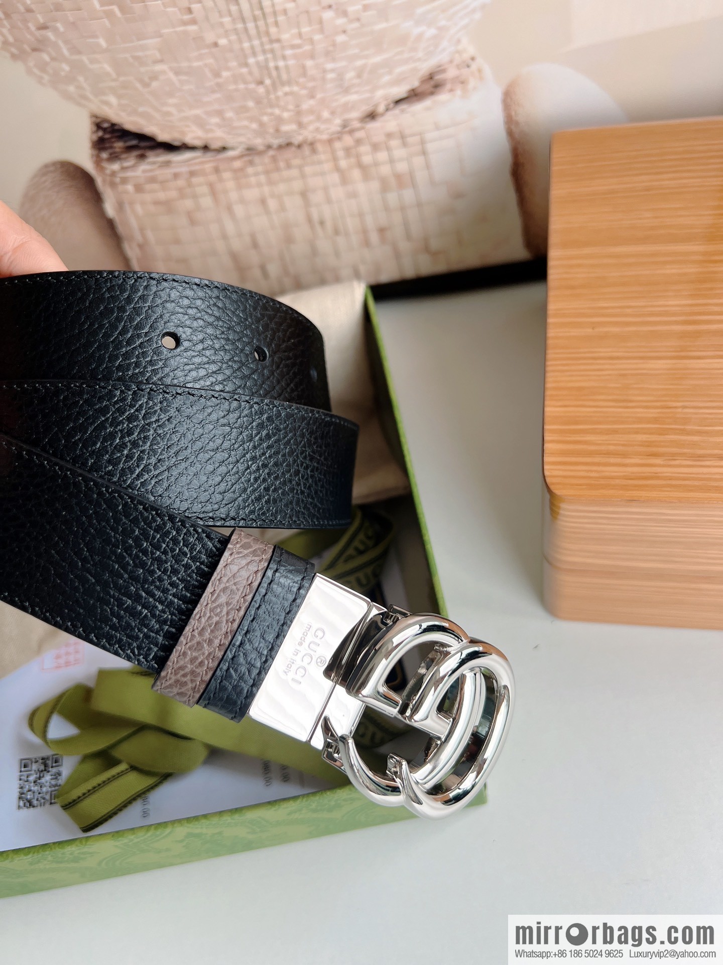 Gucci Gucci 3.5cm full leather black coffee double G gold/silver buckle belt