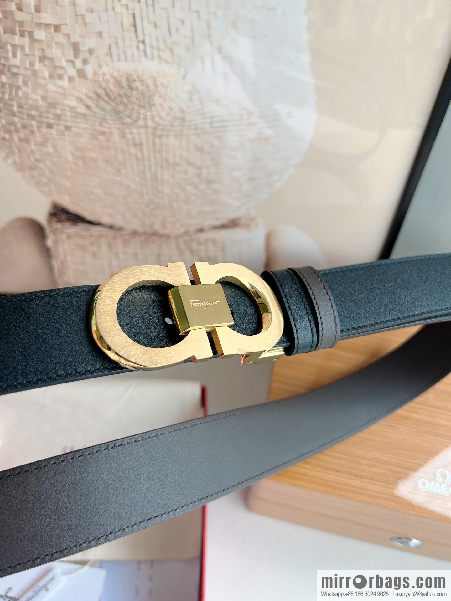 Ferragamo 8-figure buckle oblique inner profile polished double-sided first-layer cowhide belt 3.5cm