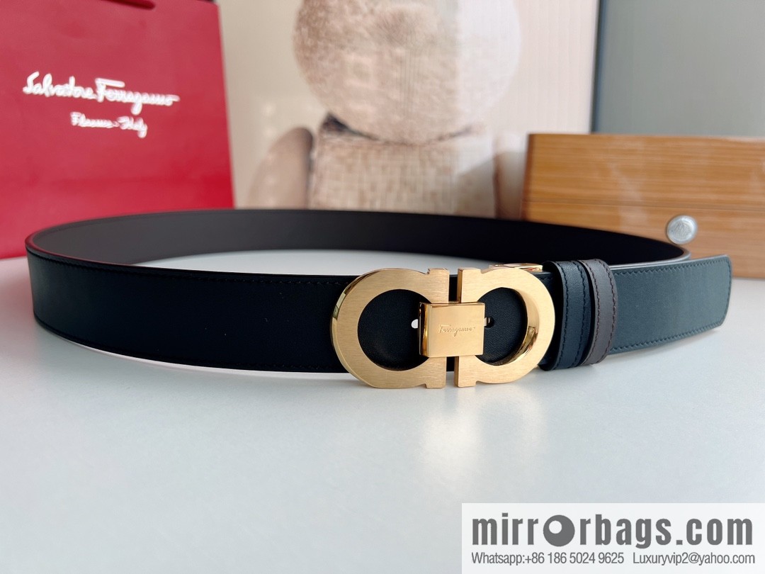 Ferragamo 8-figure buckle oblique inner profile polished double-sided first-layer cowhide belt 3.5cm
