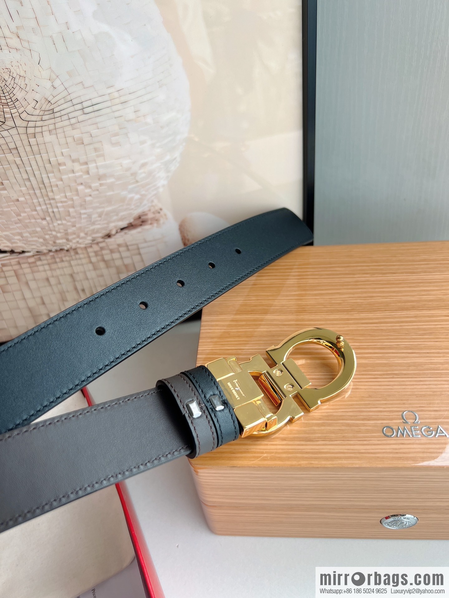 Ferragamo 8-figure buckle oblique inner profile polished double-sided first-layer cowhide belt 3.5cm