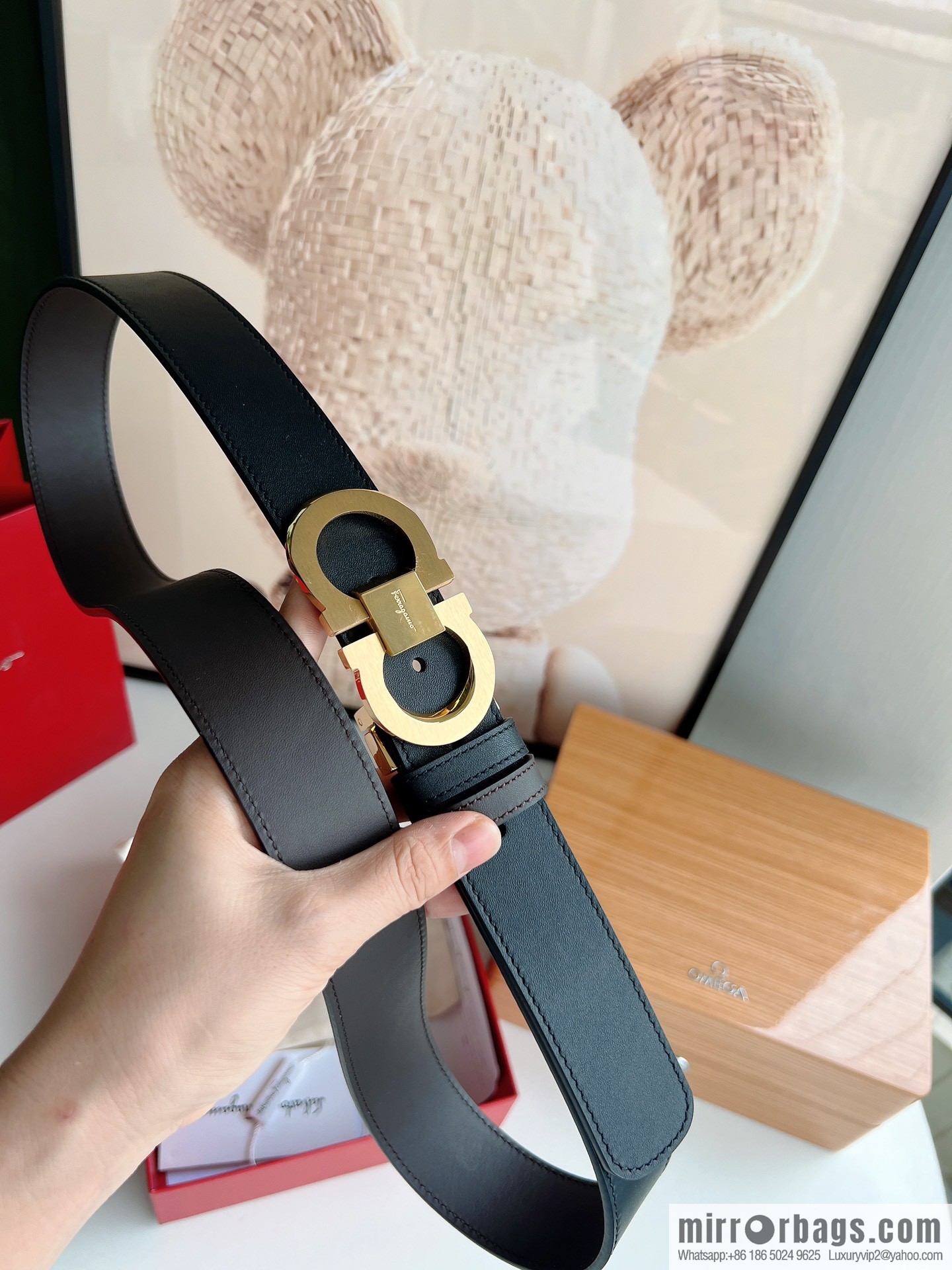 Ferragamo 8-figure buckle oblique inner profile polished double-sided first-layer cowhide belt 3.5cm